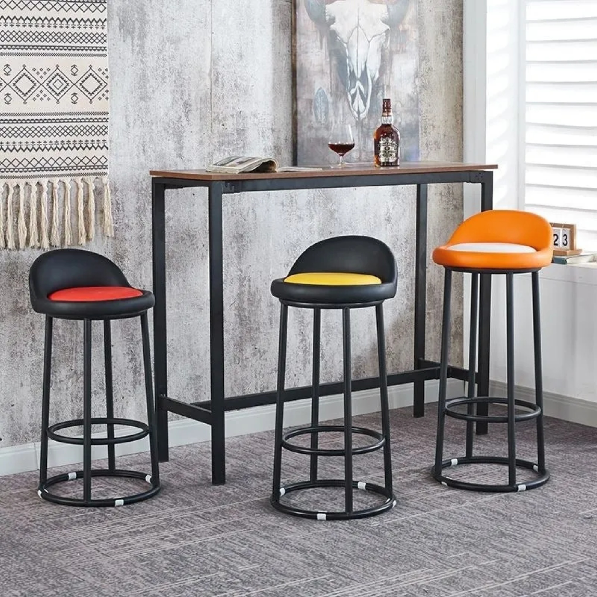 Lighom round frame leather bar & counter stools for kitchen — Black Backrest & Black Seat