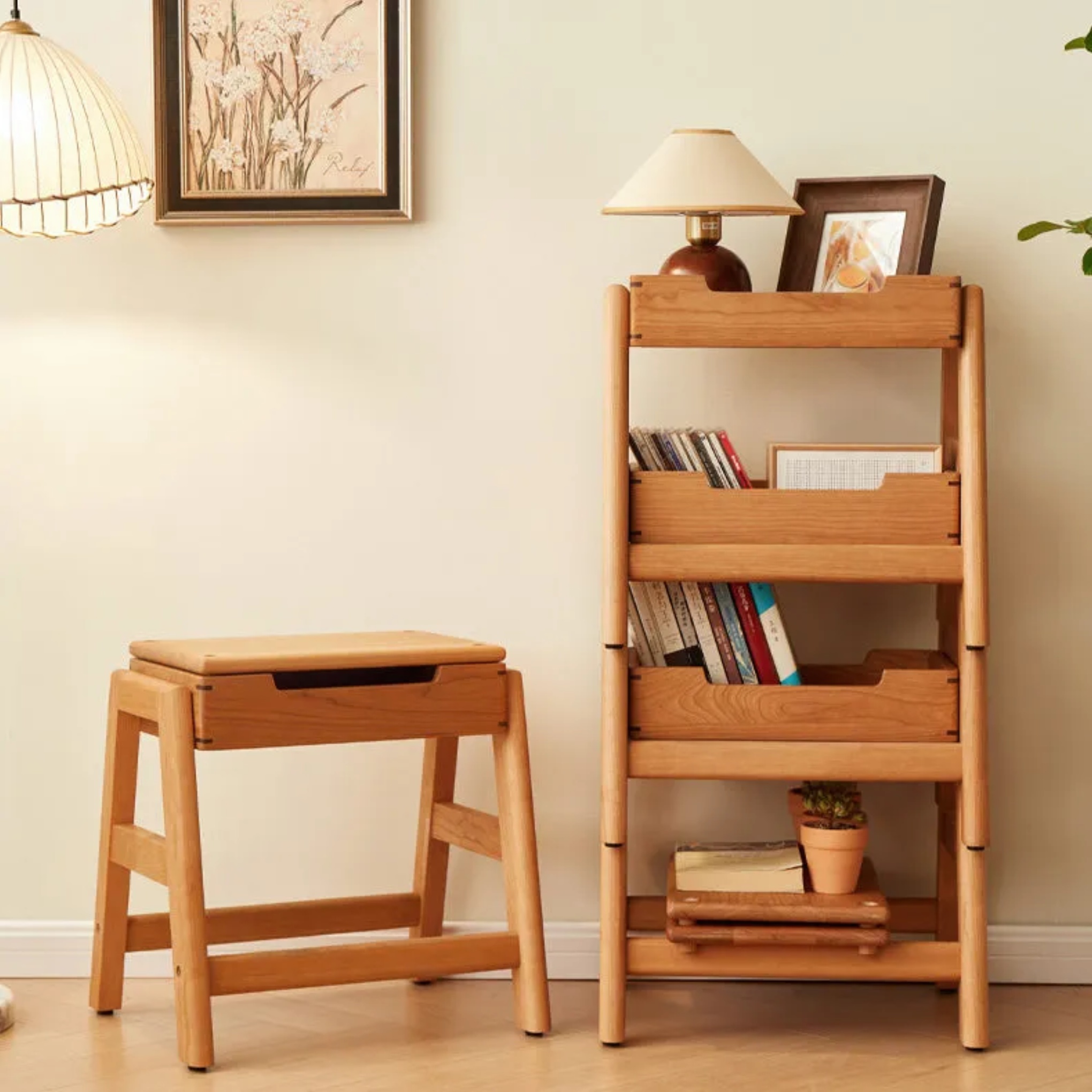 Storage stackable wood dining chairs & benches for living room