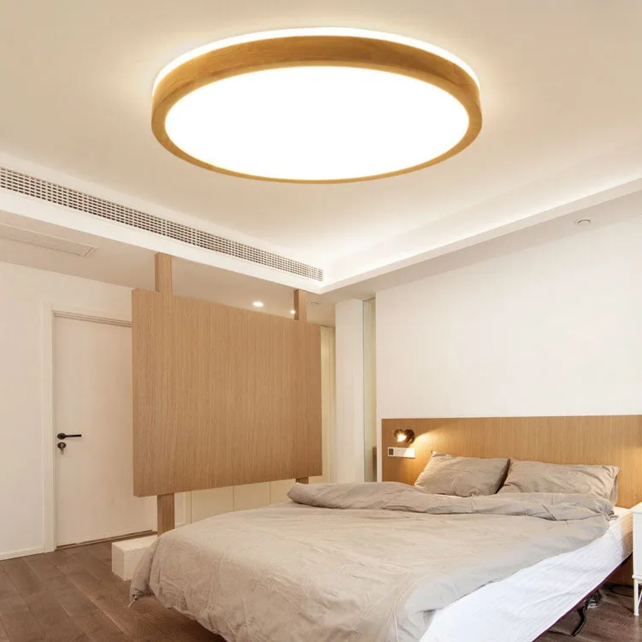 Japanese solid flush mount lighting in wood — 11.81" W x 2.28" H / Natural White (4000K) / 110V-120V (US/CA)