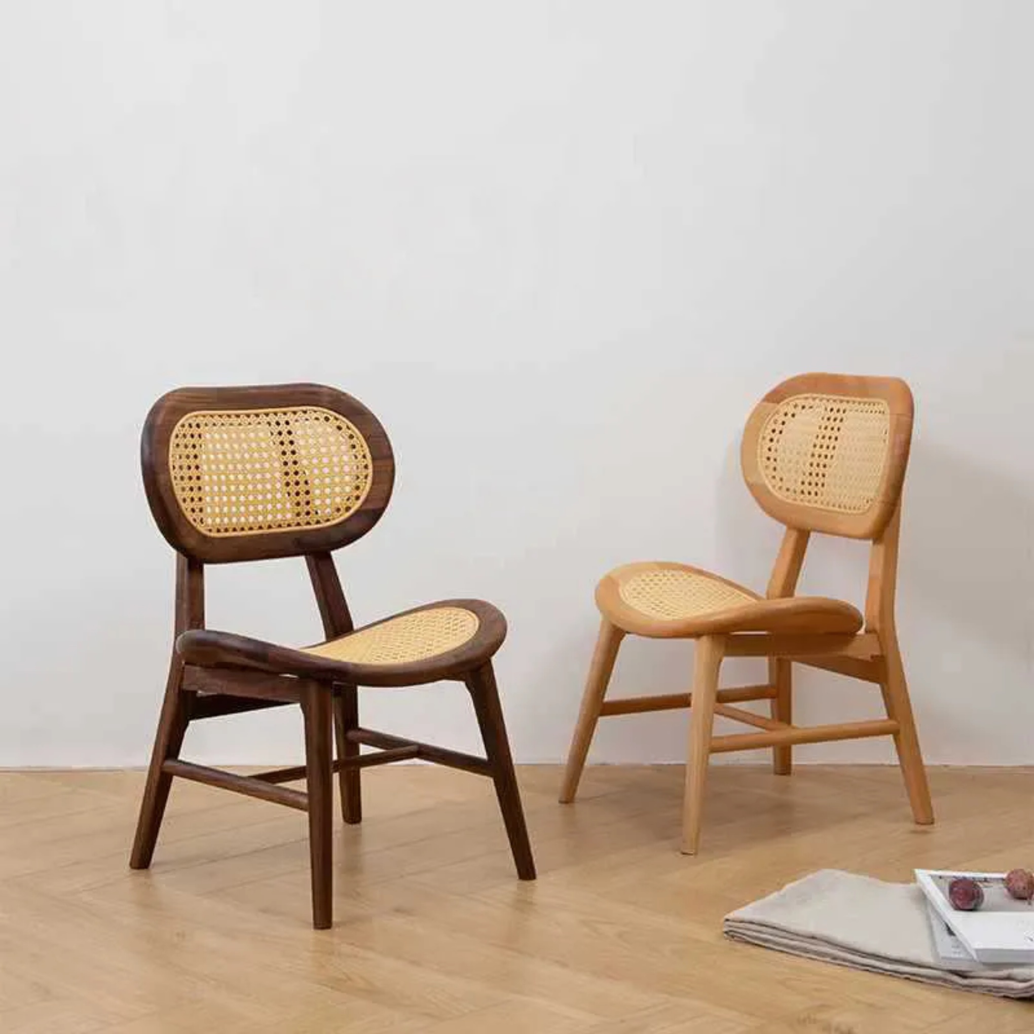 Traditional stackable woven walnut rattan dining chairs & benches