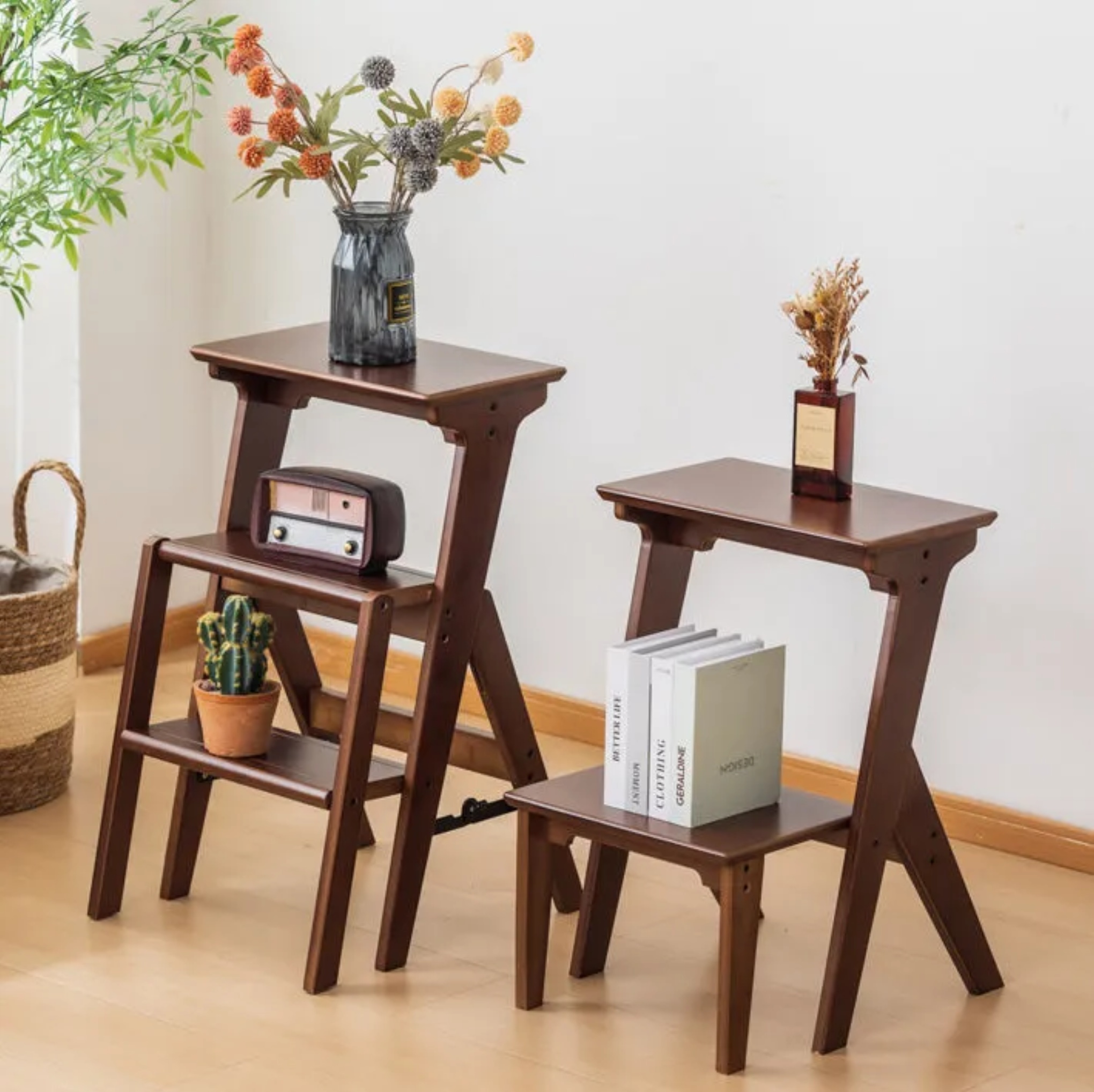 Minimalist backless ladder walnut accent chairs, Lighom — 14" L x 17" W x 25" H