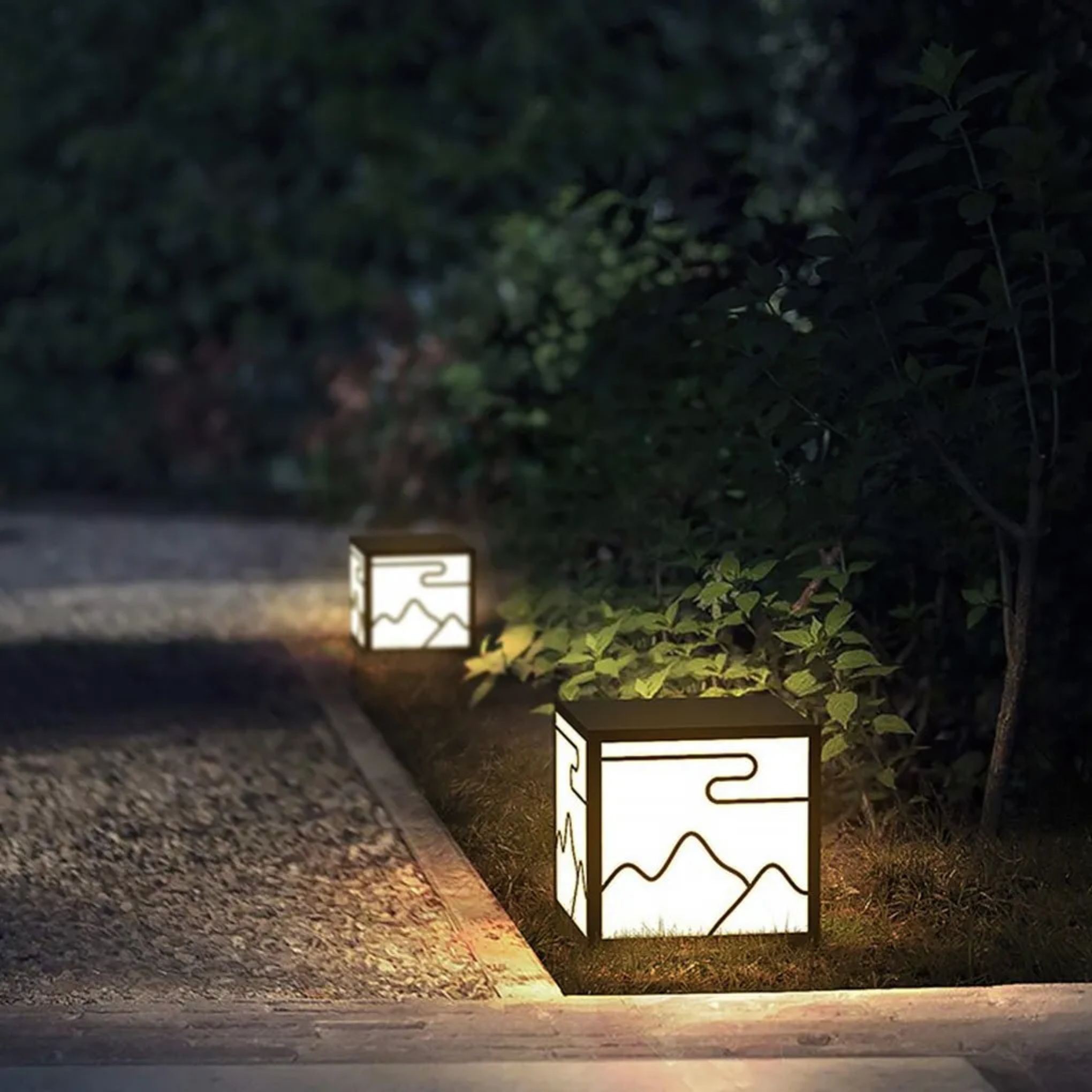 Industrial silhouette line gray synthetic outdoor post lights, Lighom — 10"X10"X6" / Solar / Set of 1