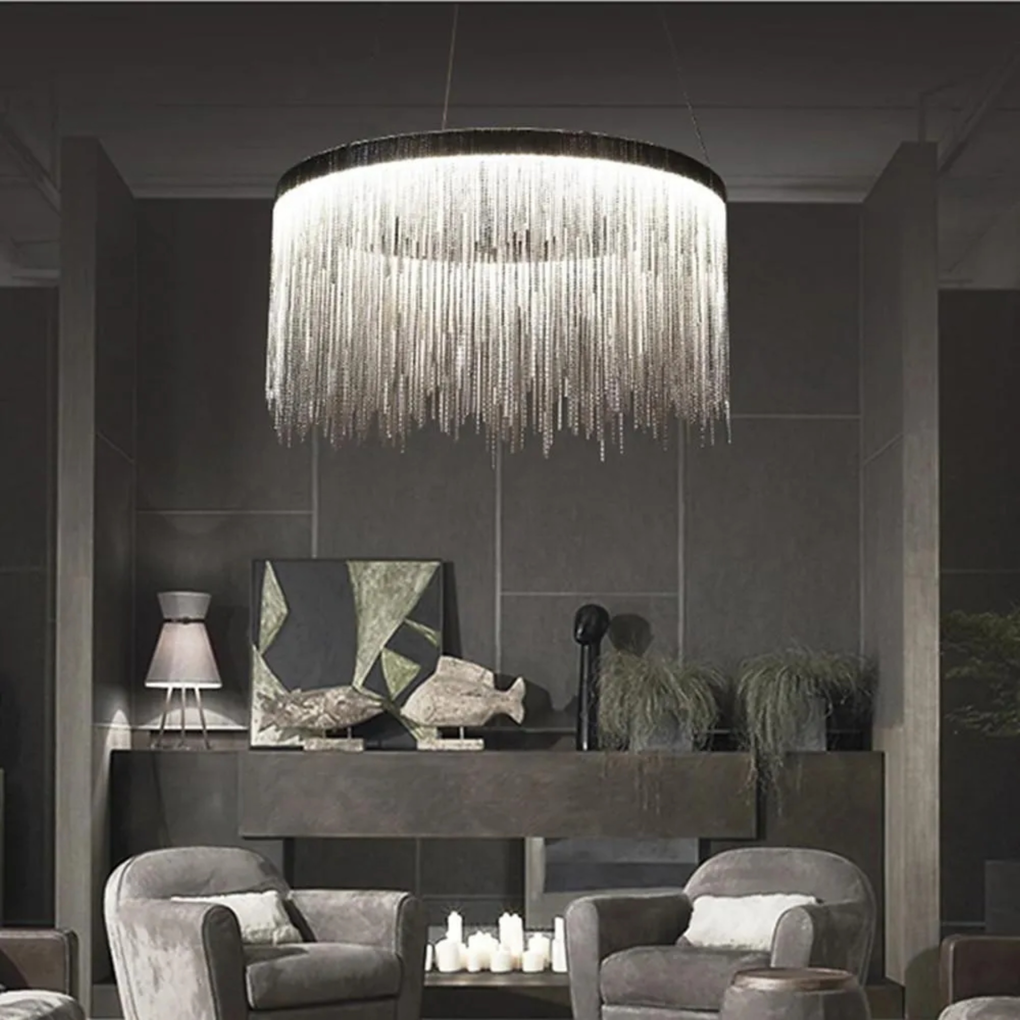 Lighom modern drum gray chandeliers in metal — Warm White (3000K) / Polished Chrome