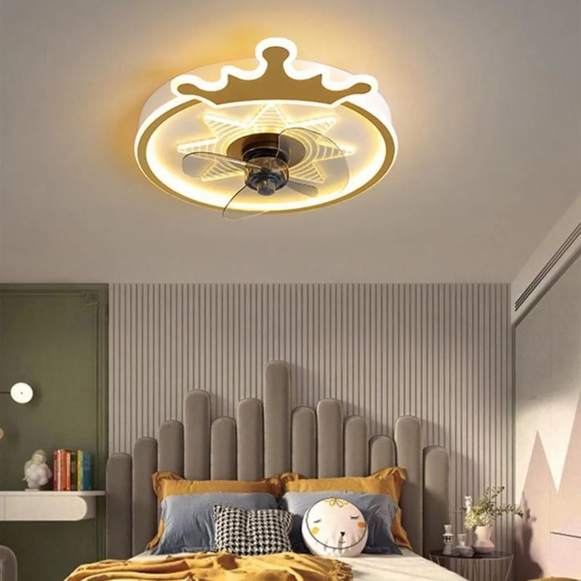 Lighom crown round synthetic kids ceiling fans for office — Brushed Gold