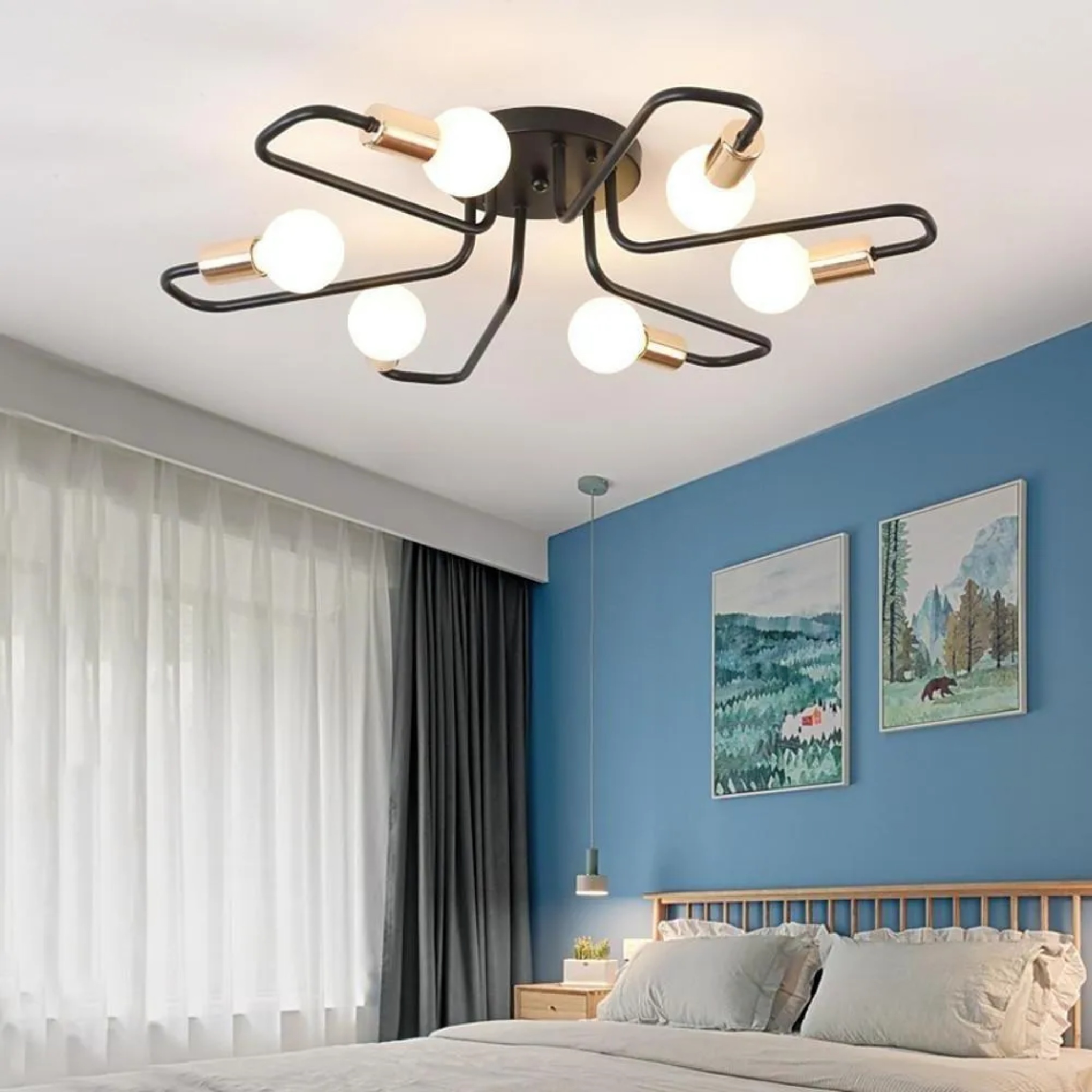 Lighom modern flower linear black semi-flush mount light in metal — Black & Gold