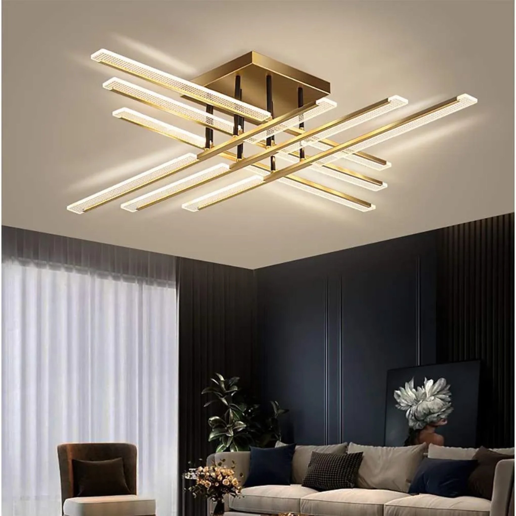 Linear ornate white metal semi-flush mount light — Dimmable (3000K-6000K) / 8-Light