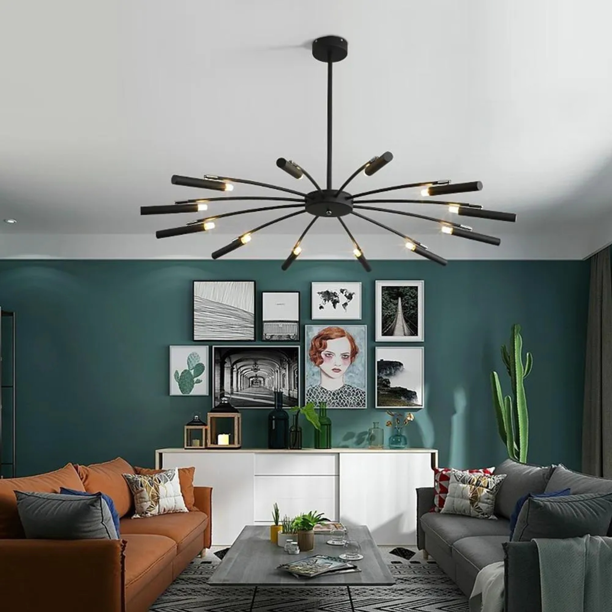 Industrial 12-light sputnik black chandeliers — Warm White (3000K)