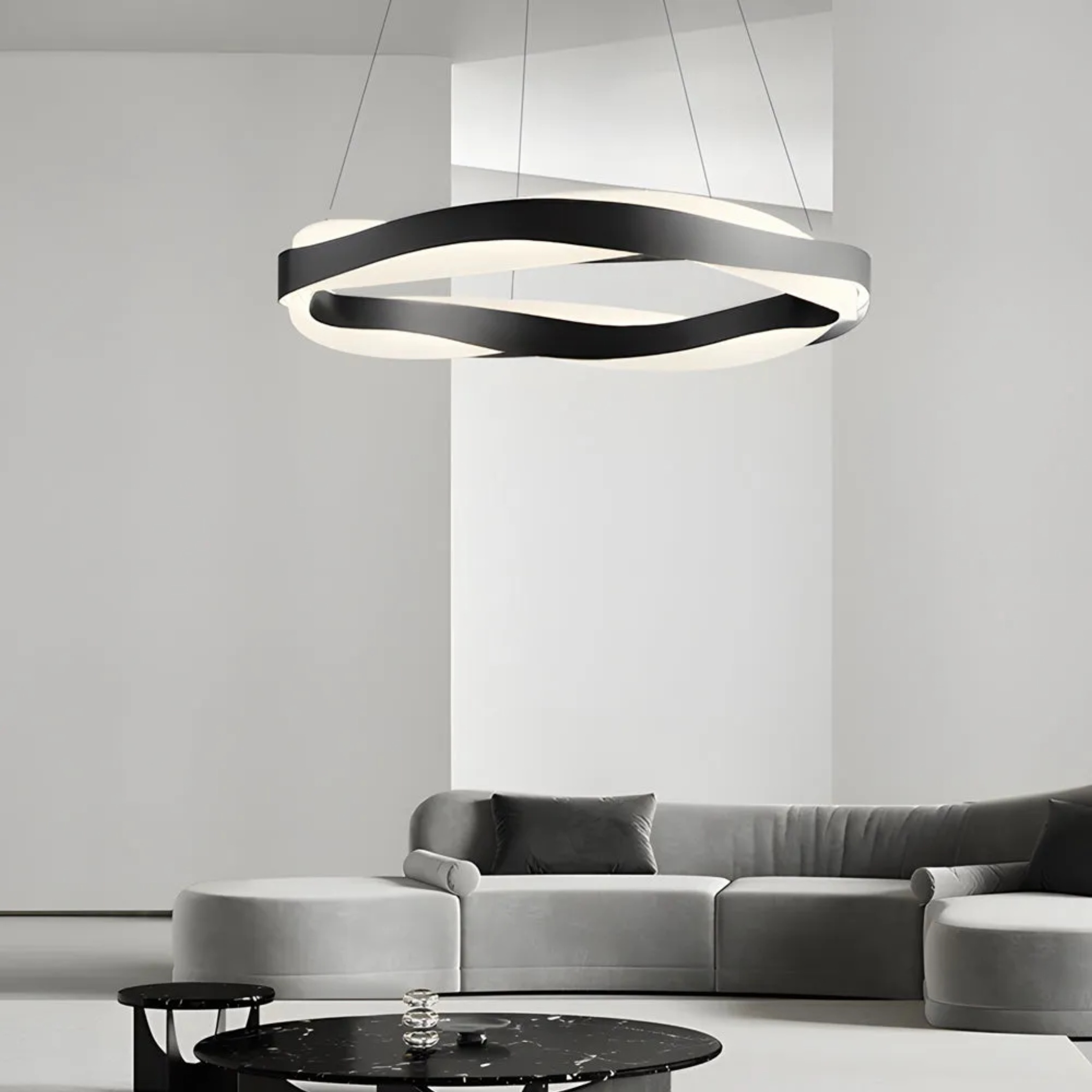 Lighom modern round wavy black pendant lighting in synthetic — 39.4" L