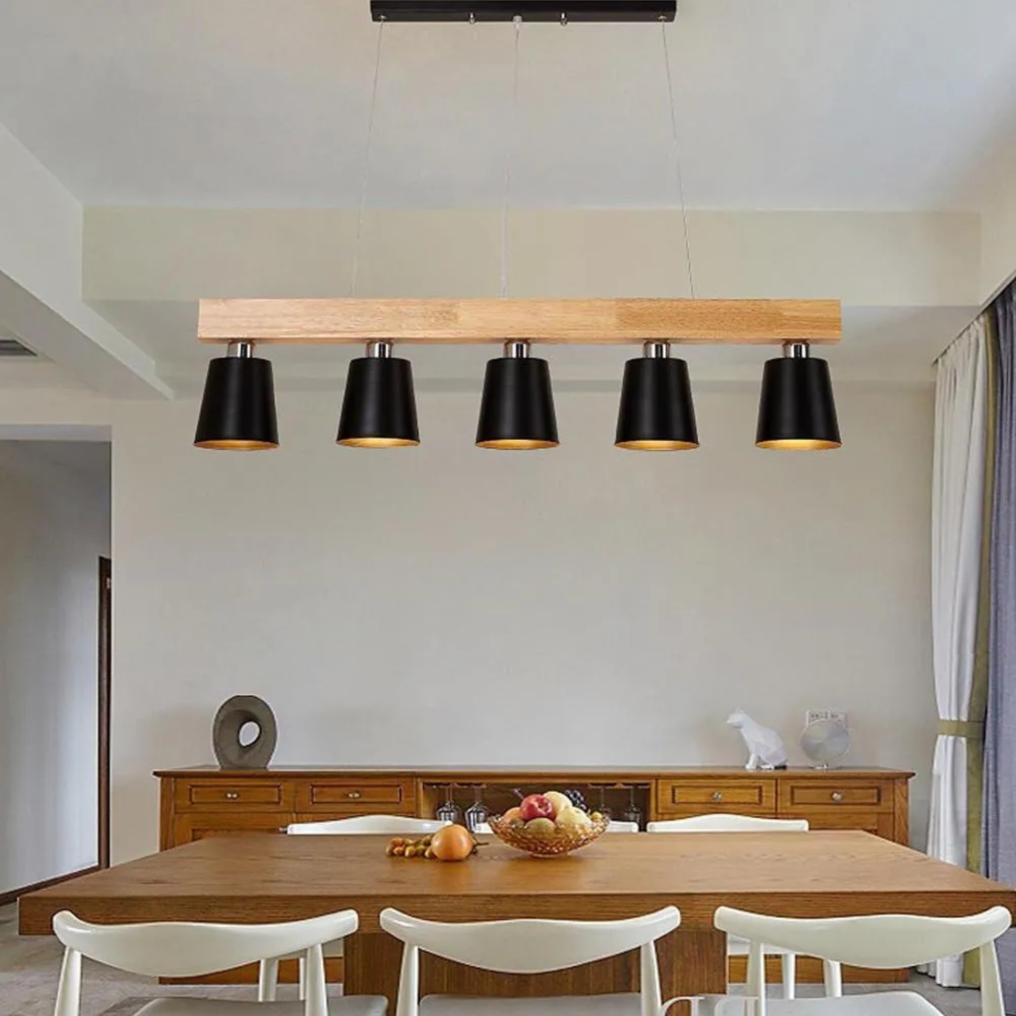 Industrial linear island white pendant lighting in wood