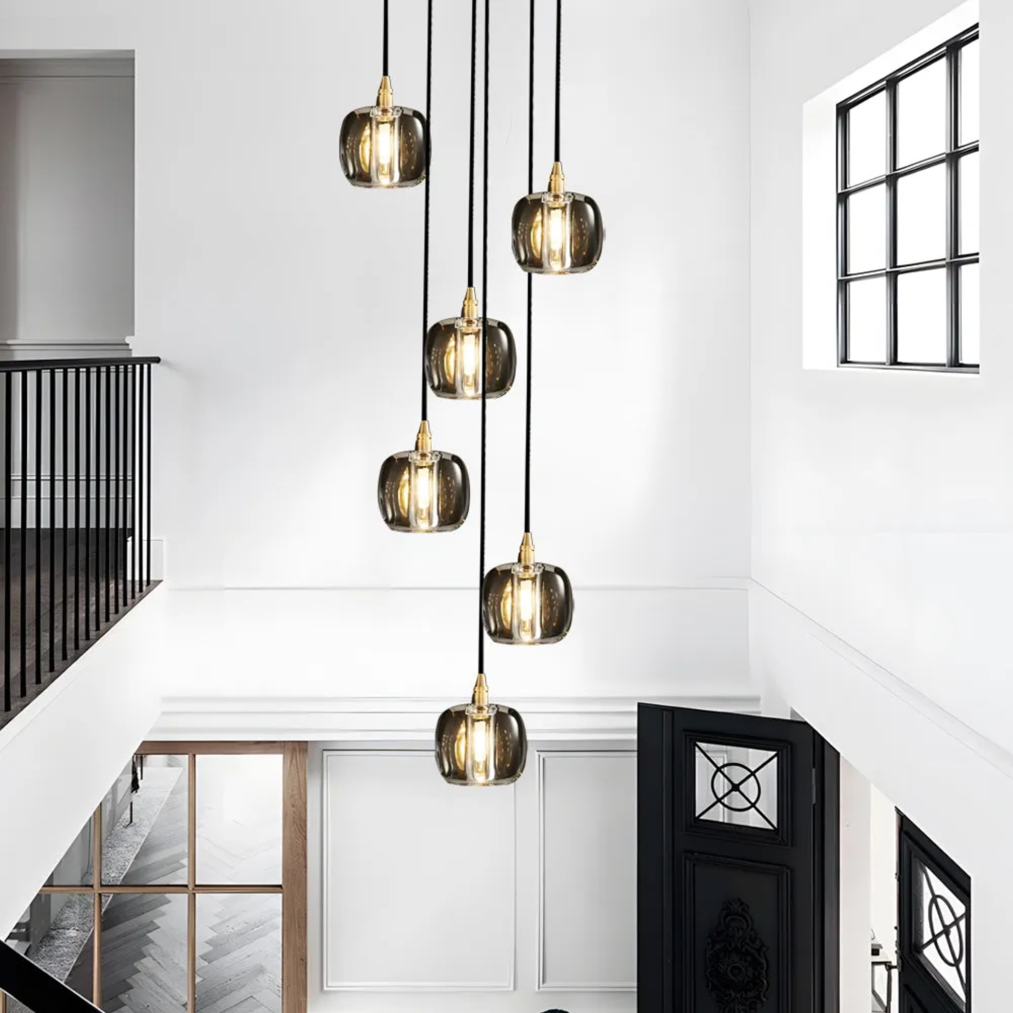 Gray modern long staircase chandeliers — Smoke / 1-Light