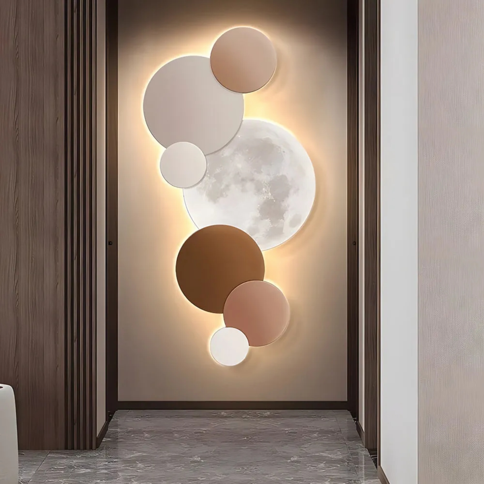 Lighom modern glow lunar wood wall sconces in crystal — 15.7" L x 31.5" H / Warm White (3000K)