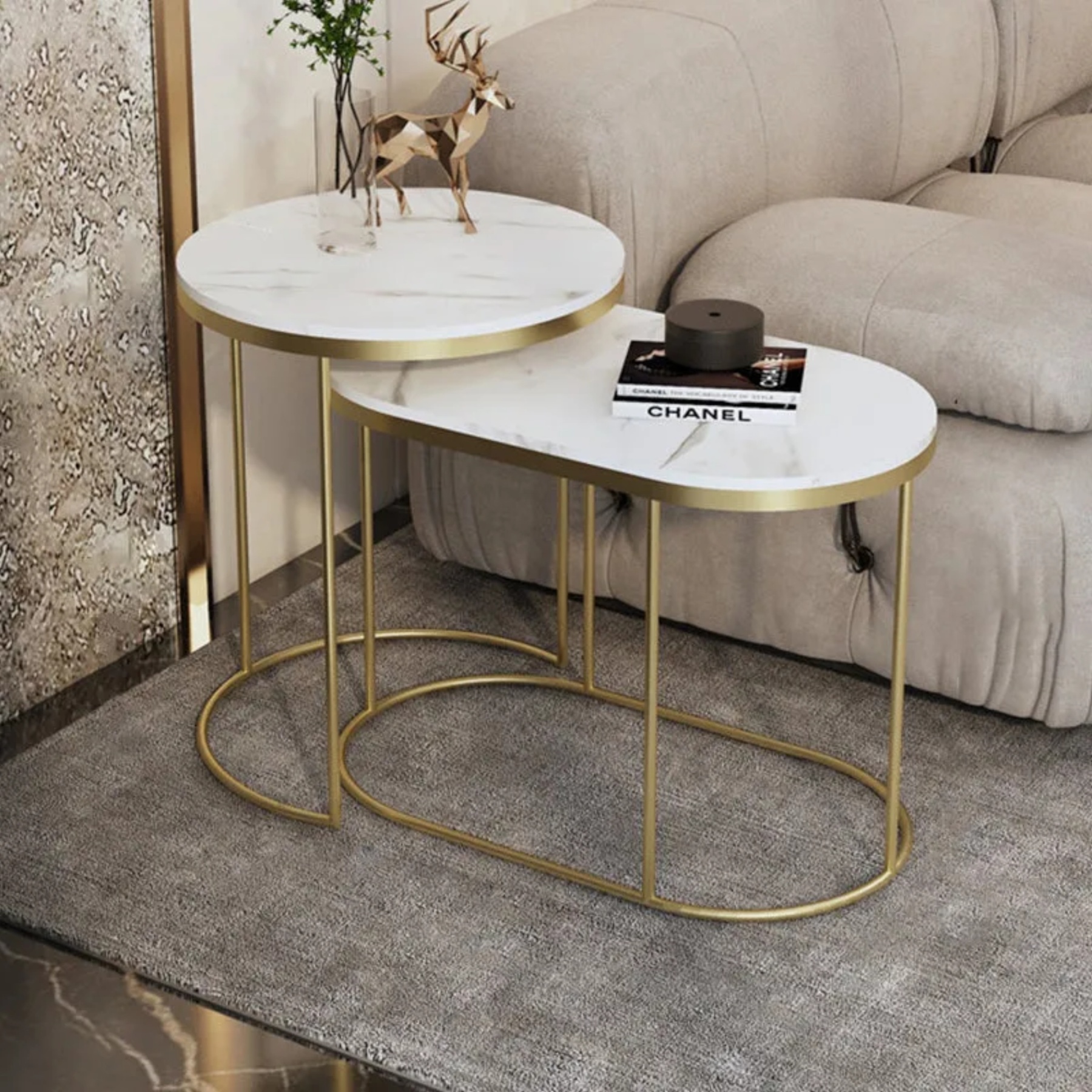 Lighom luxury nesting end white end & side tables in stone — Gold