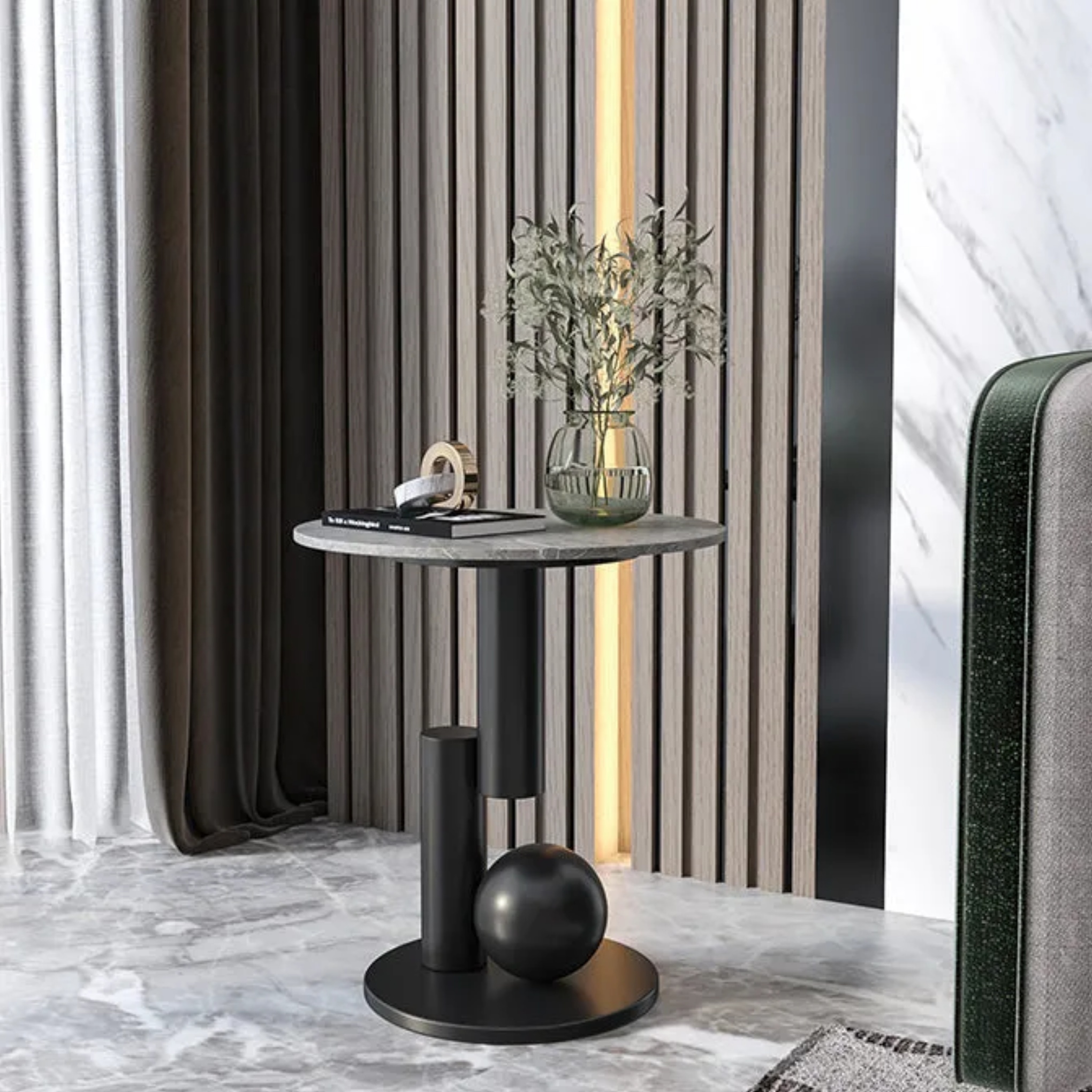 Gray metal slab base end & side tables - luxury — 21.65" H x 15.75" Dia / White / Black