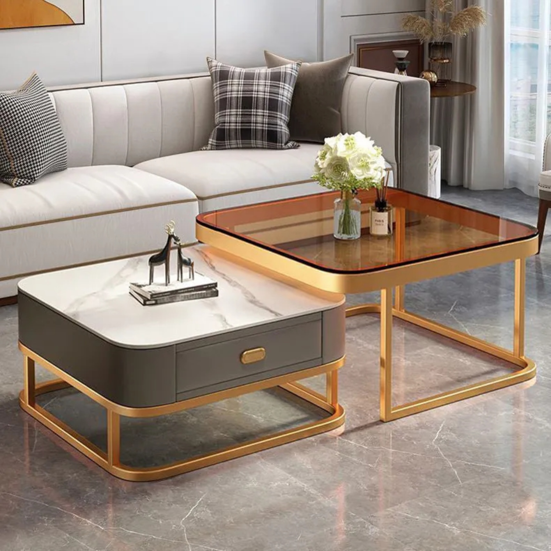 Lighom luxury square nesting glass coffee tables — White / Gray