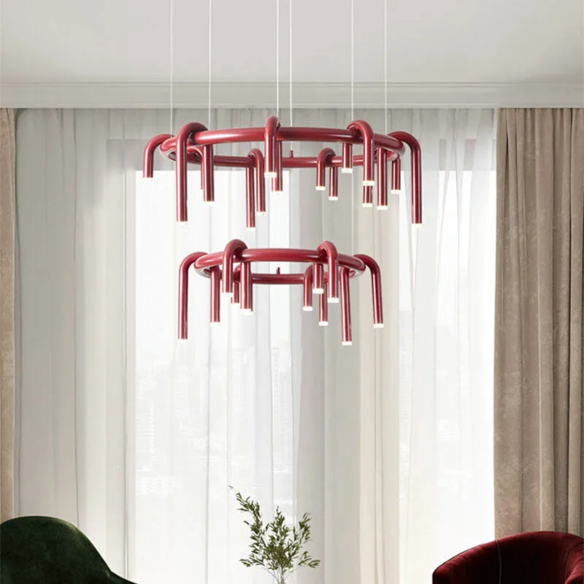 Mid-century geometric line red chandeliers, Lighom — Small (12"H / Warm White (3000K) / 110V-120V (US/CA)