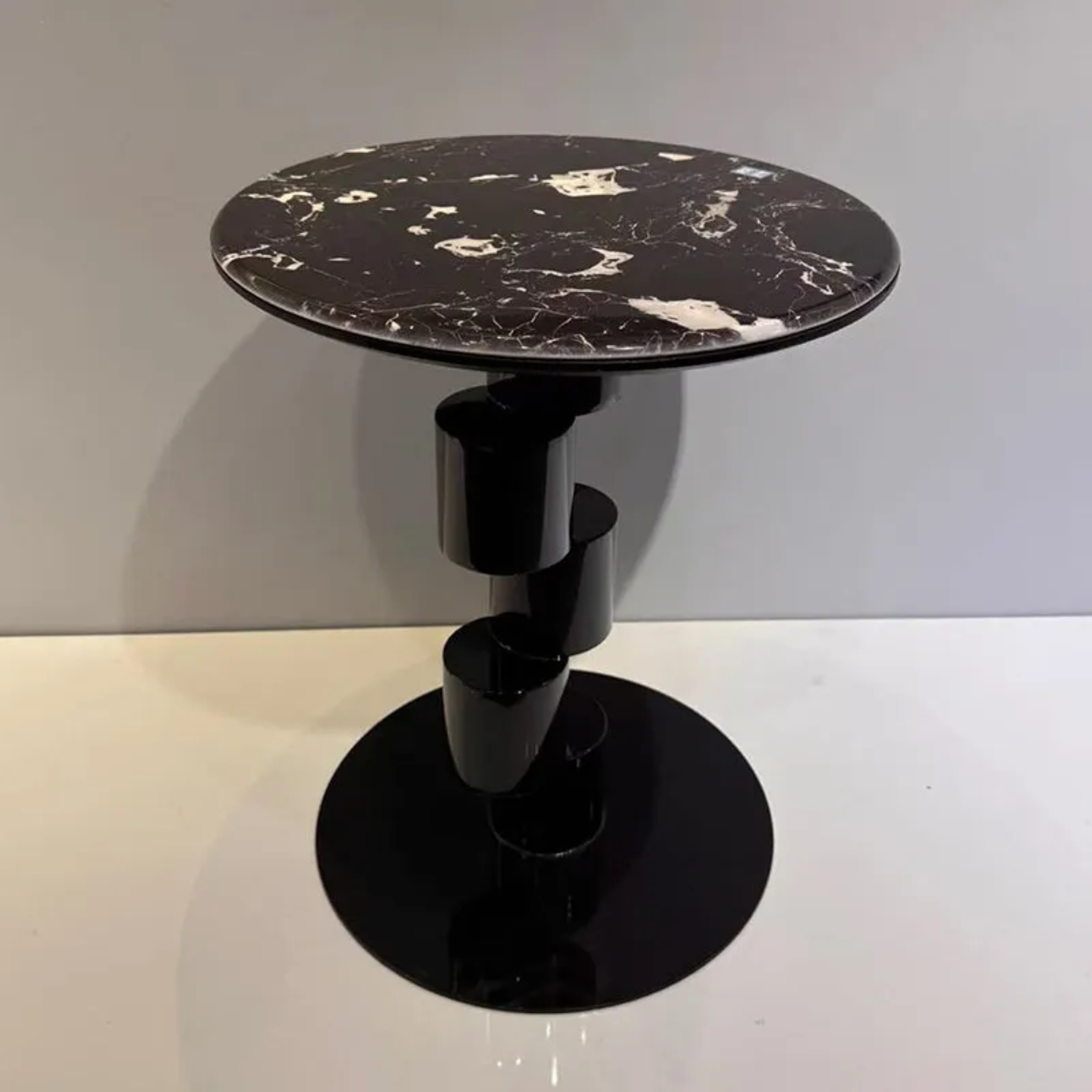 Mid-century microcrystalline round black iron stone wood coffee tables