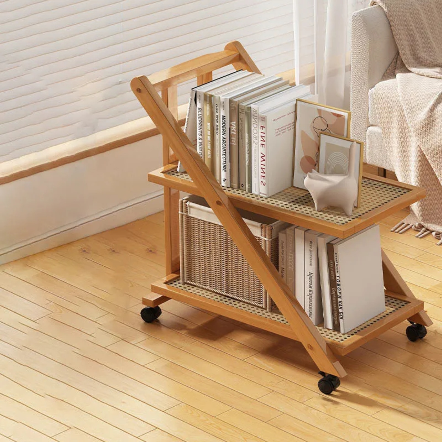 Lighom minimalist end bookshelf rattan bookcases — 16.9" L x 12.6" W x 22.4" H / Natural Wood