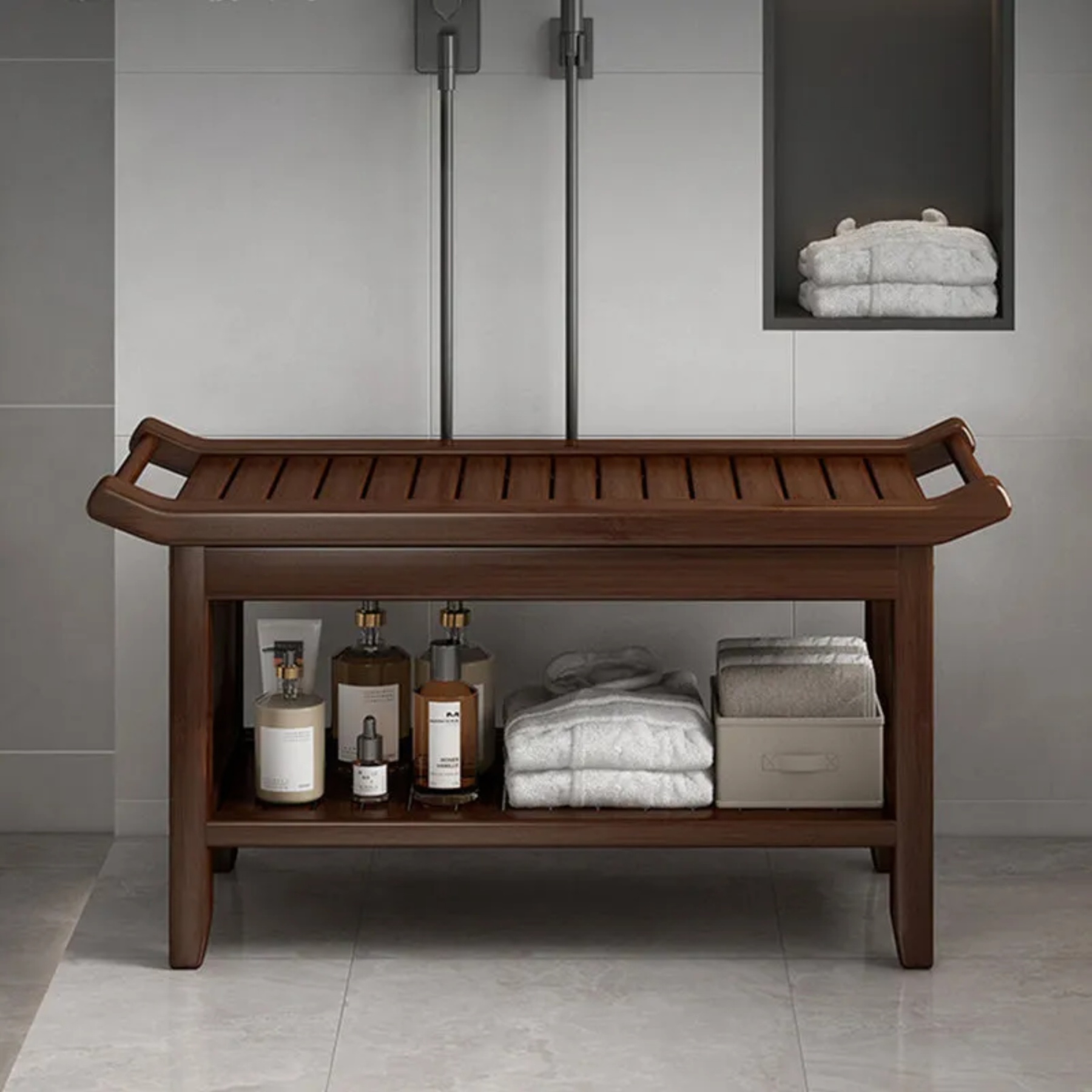 Lighom minimalist 2-tier storage walnut end & side tables in bamboo — Curved Type