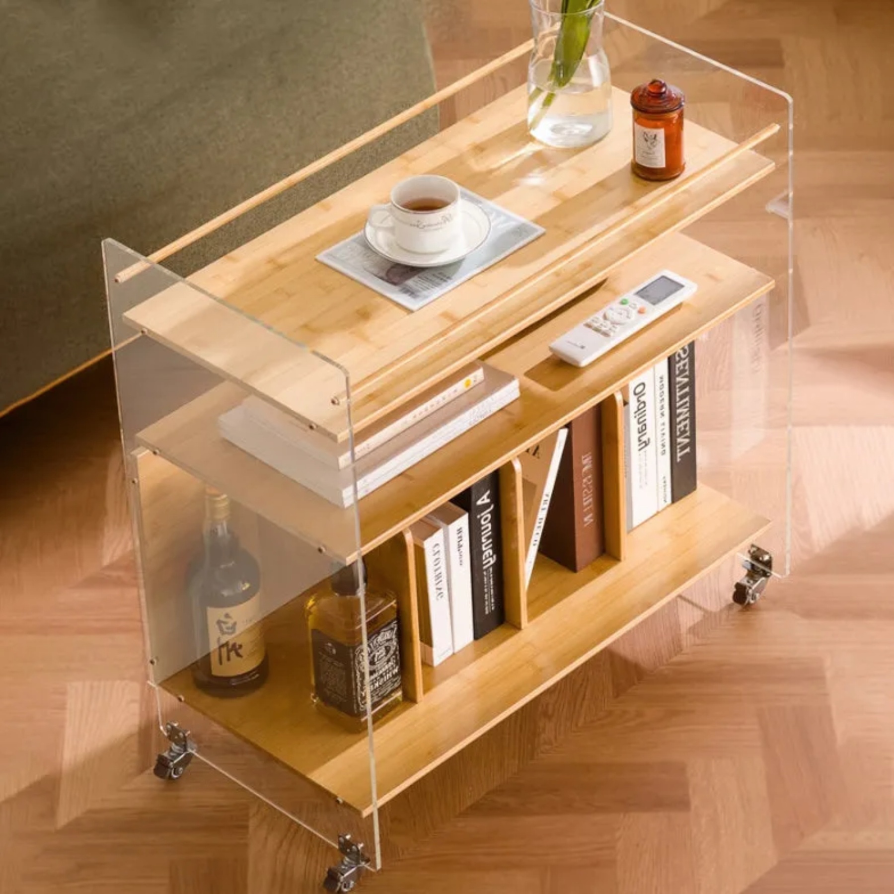 Minimalist 3-tier end natural bamboo end & side tables, Lighom — 19.5" L x 14" W x 27.5" H / Teal