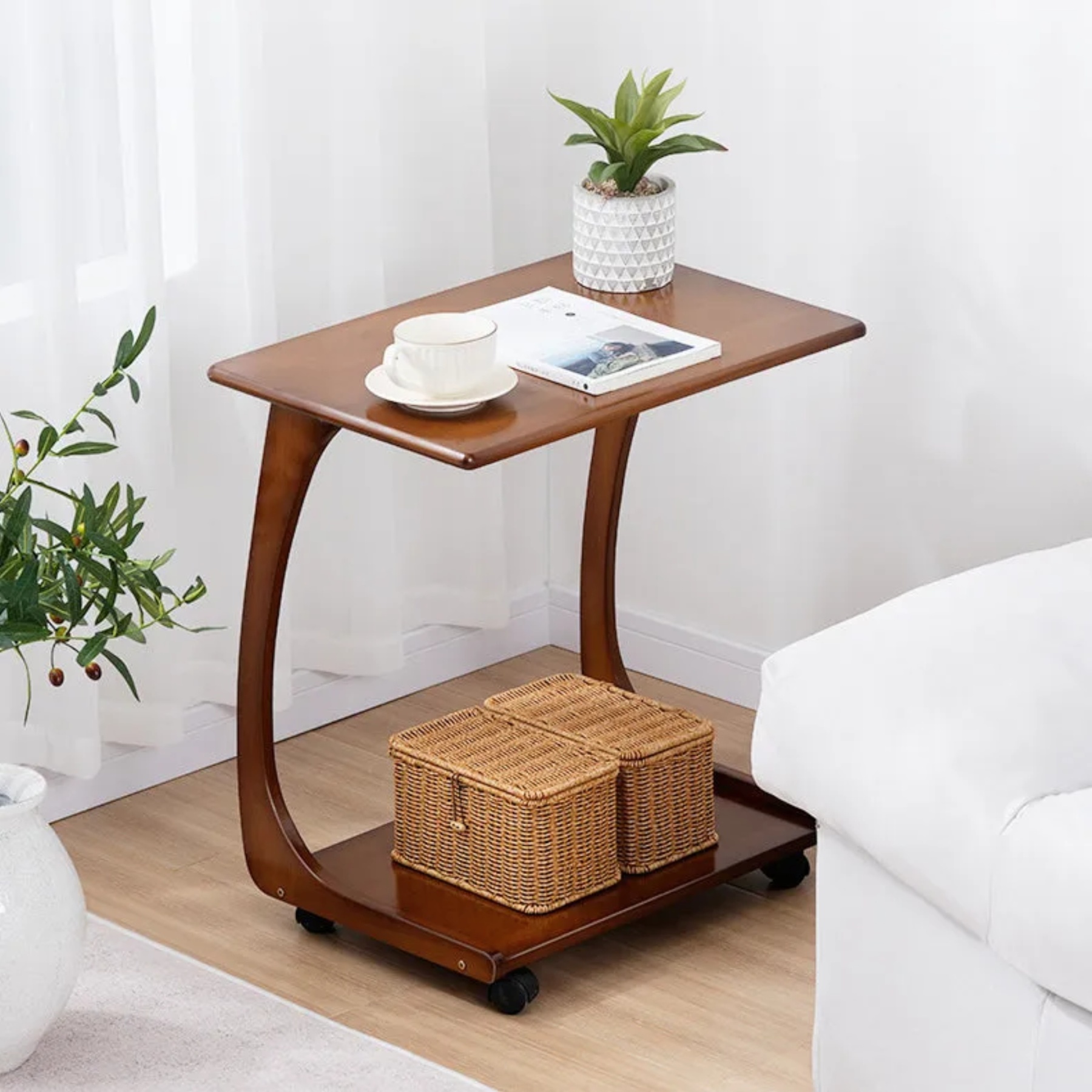 Lighom minimalist 2-tier c-shape wood end & side tables in bamboo — 15.75" L x 19.69" W x 25.2" H