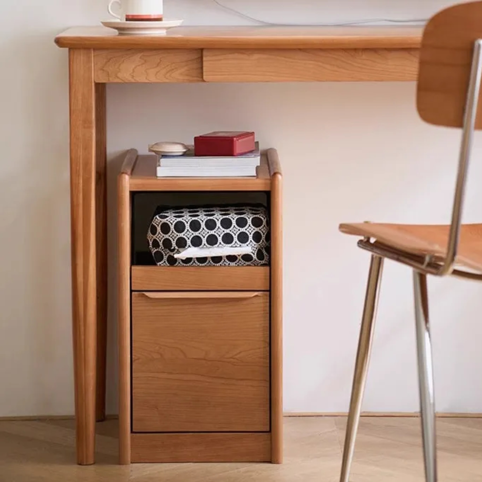 Minimalist rounded cherry nightstands in wood