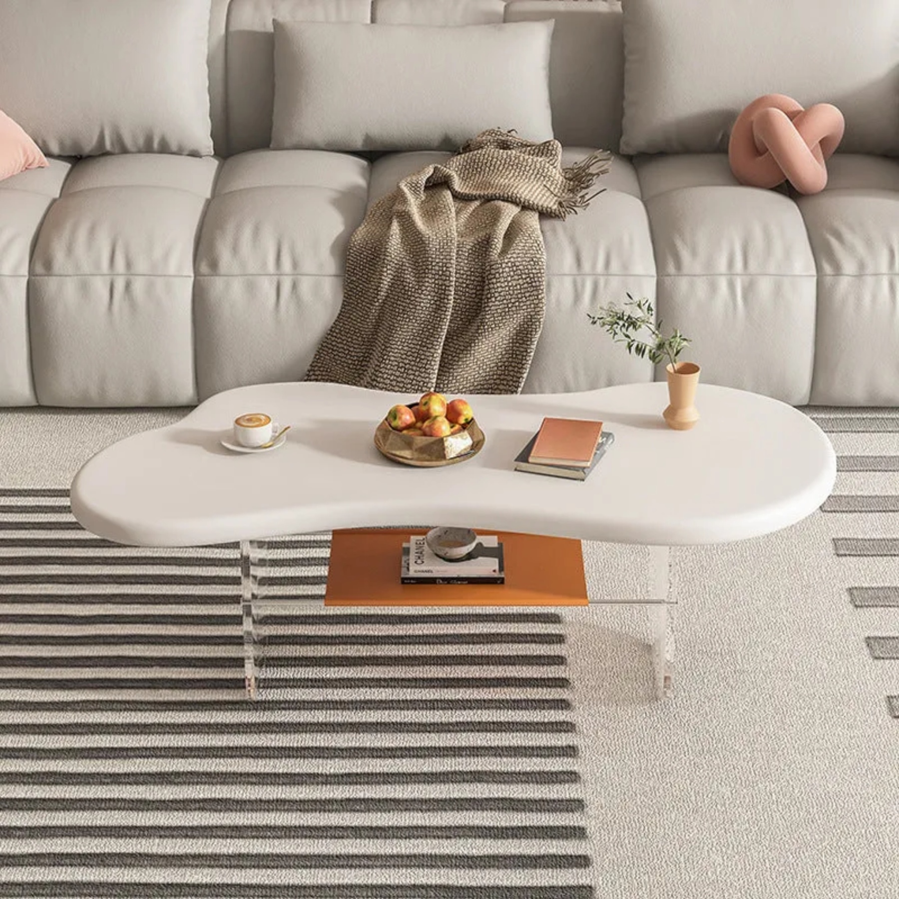 Minimalist cloud leather coffee tables — 39" L x 20" W x 17" H / White