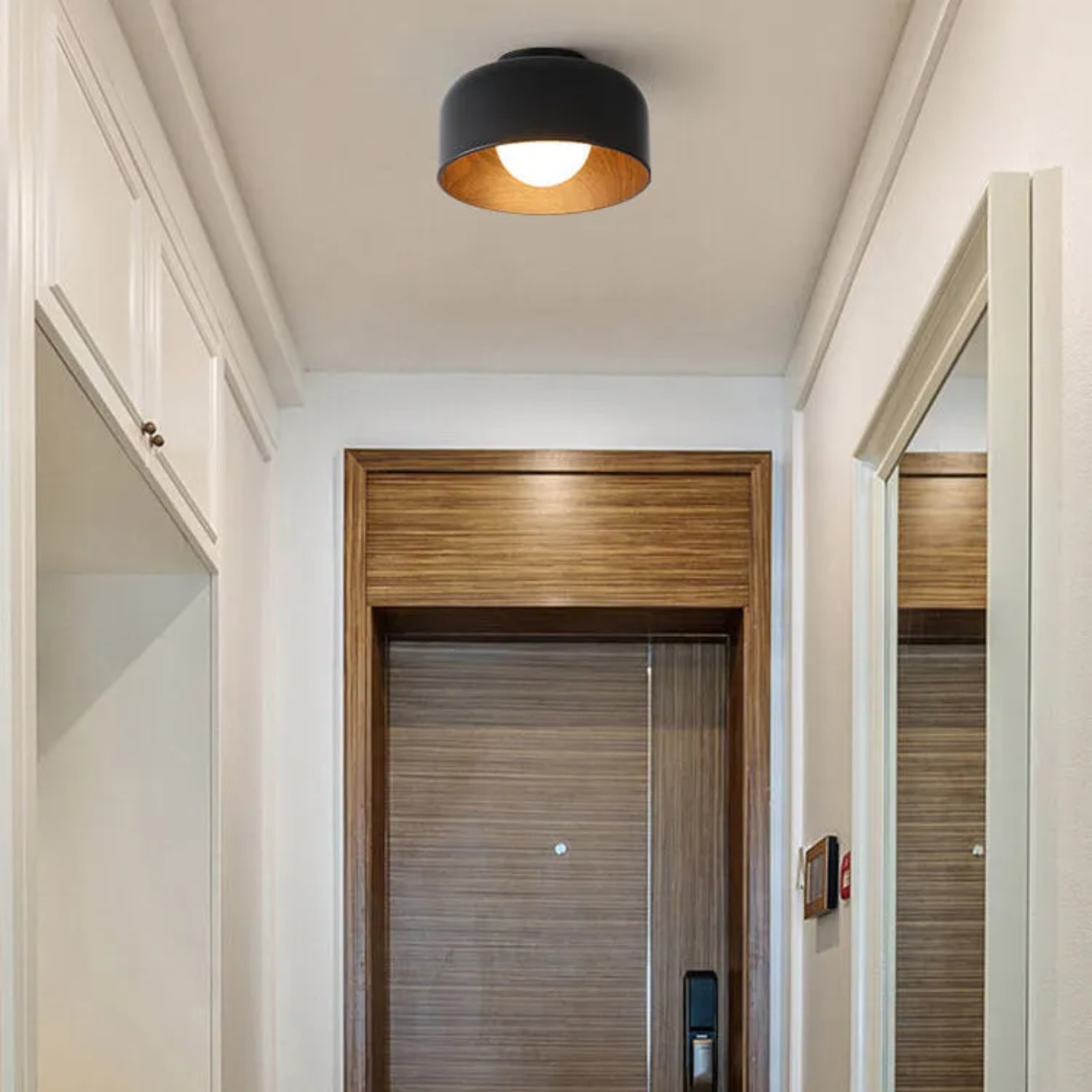 Minimalist grain dome wood semi-flush mount light, Lighom — Matte Black / 110V-120V (US/CA)