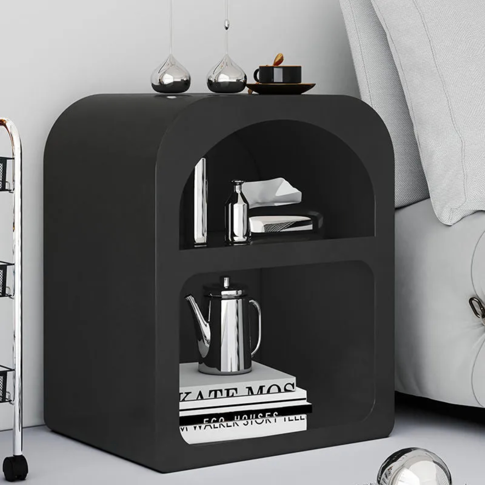 Minimalist rounded engineered nightstands in wood — Black
