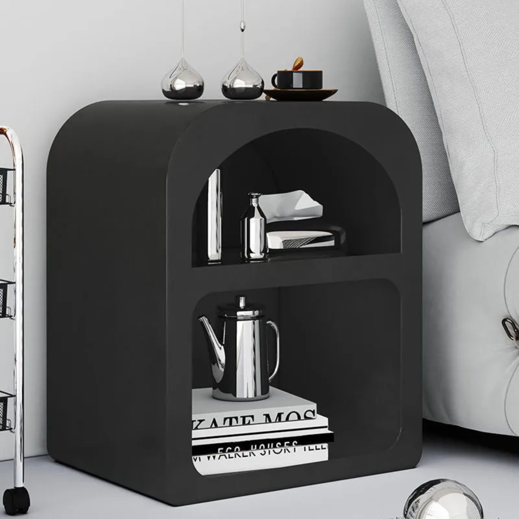 Minimalist rounded engineered nightstands in wood — Black