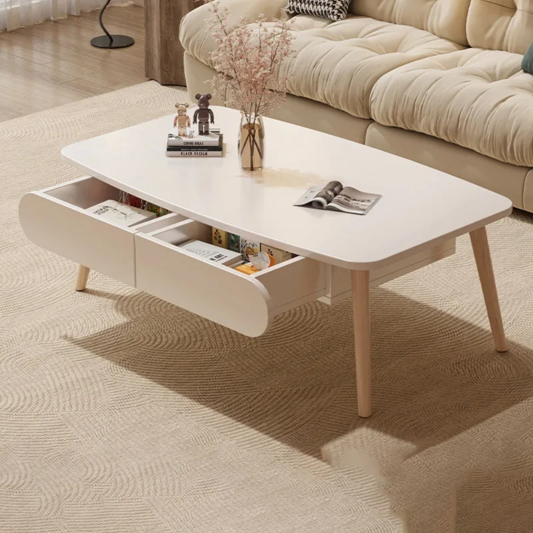 Minimalist 2-drawer beech coffee tables in wood — White