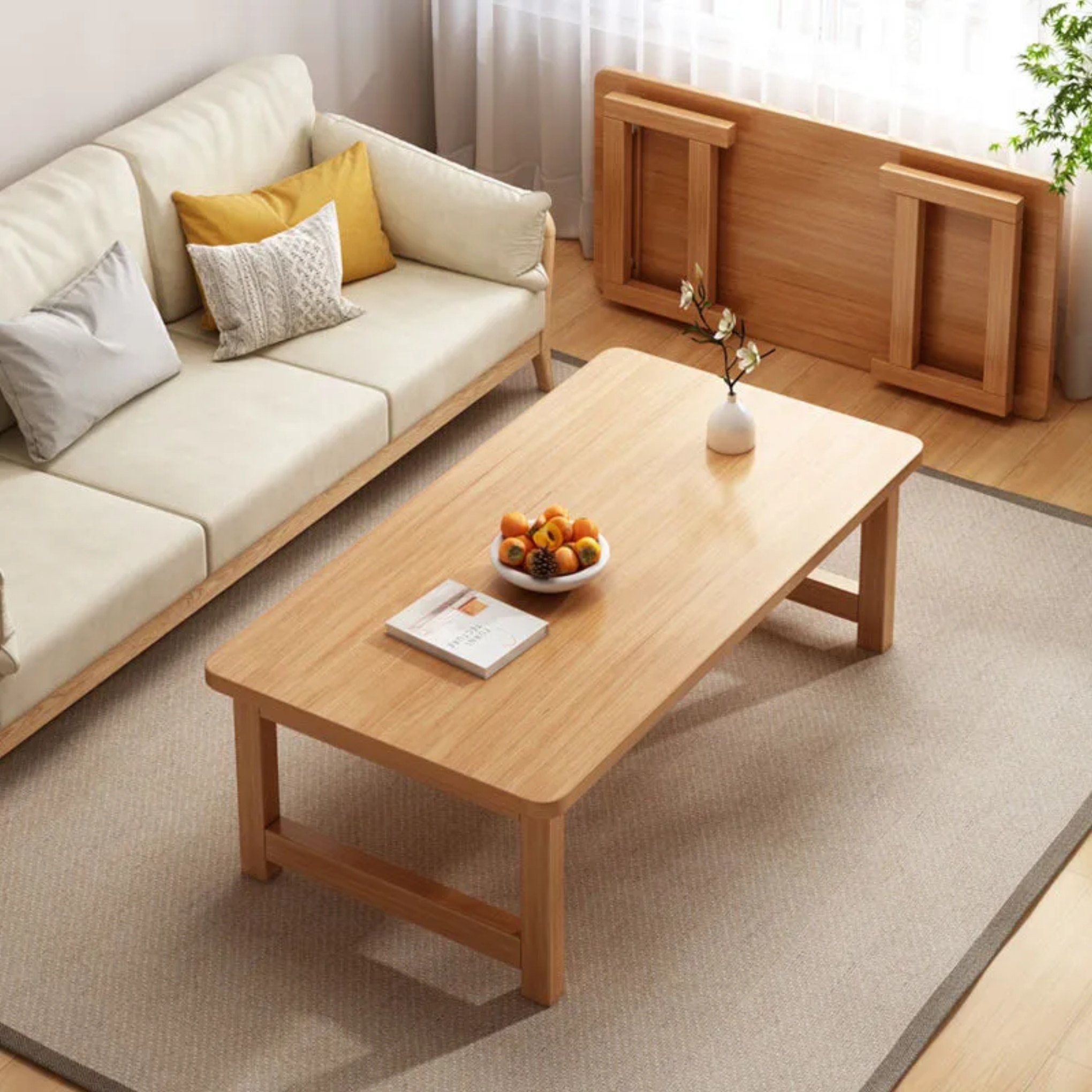 Minimalist solid foldable coffee tables in wood — 27.56" L x 15.75" W x 15.75" H / Walnut