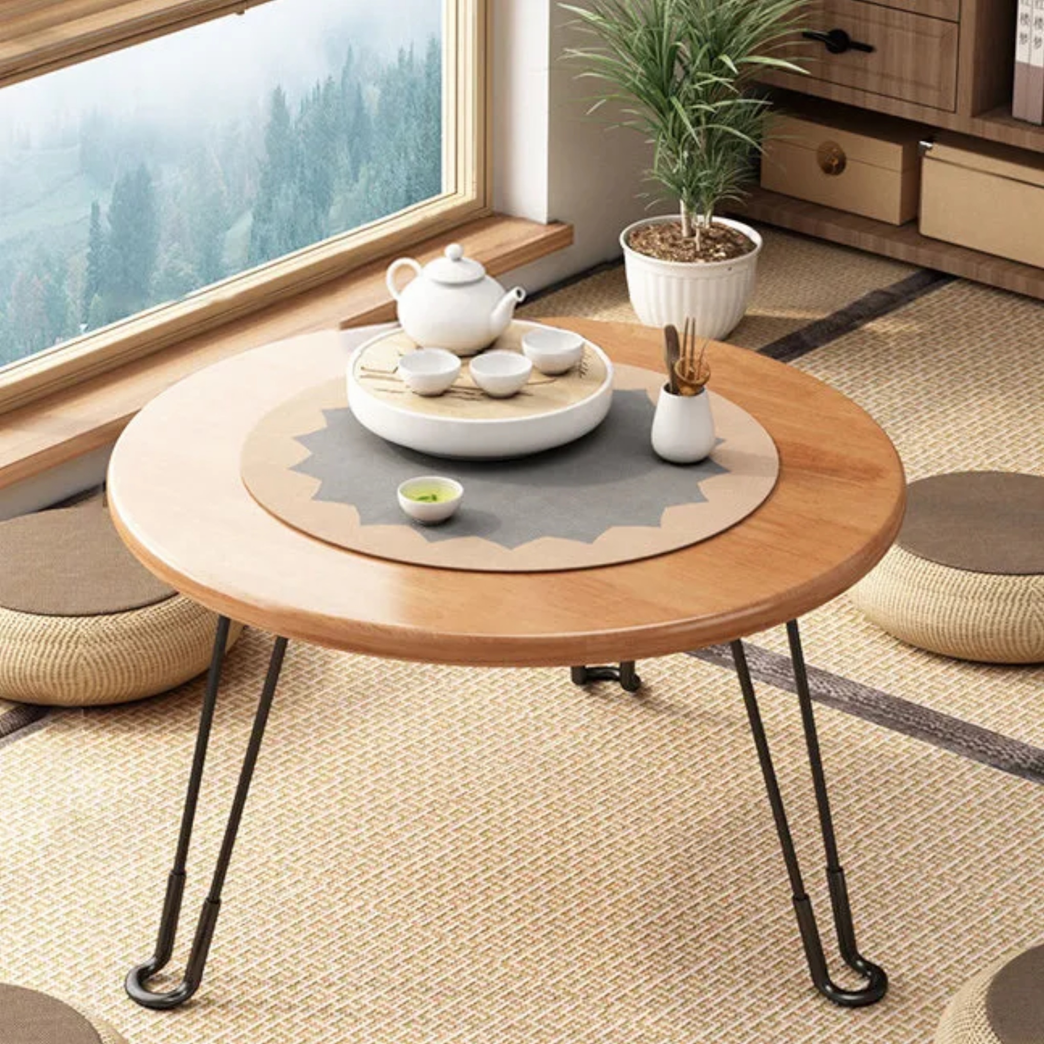 Lighom minimalist foldable iron coffee tables — 17.72" H x 19.69" Dia / Walnut