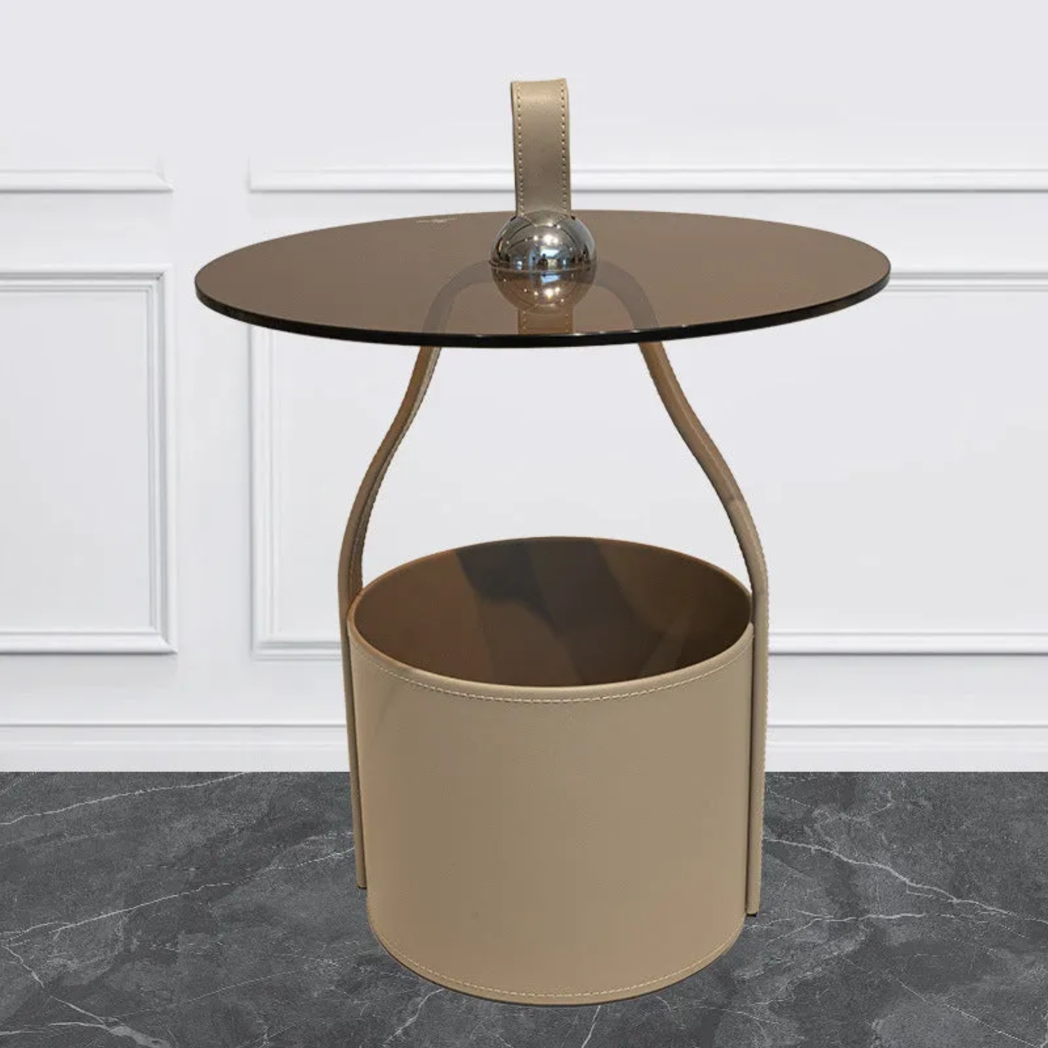 Minimalist cylinder brown coffee tables in glass leather steel