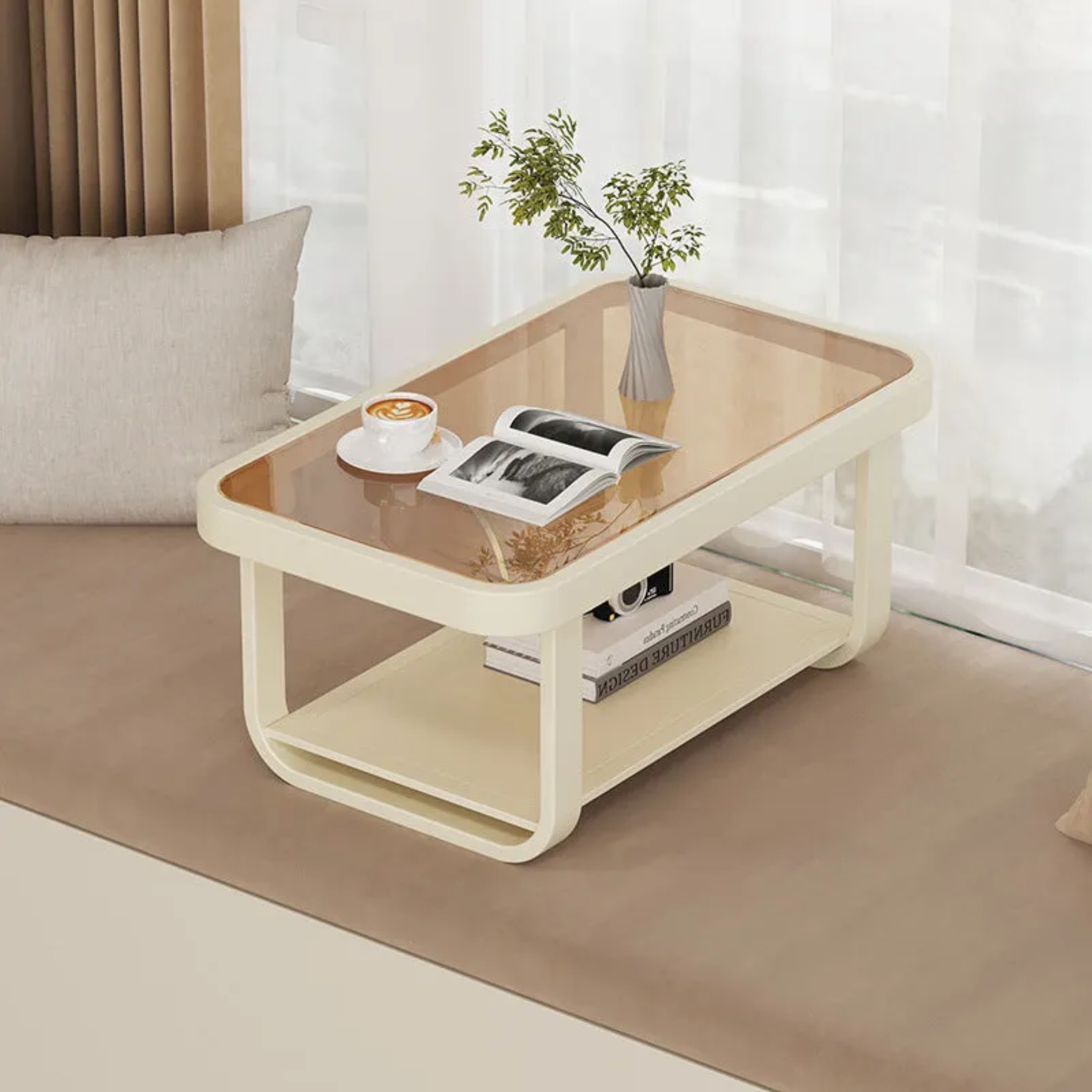 Wood minimalist 2-tier rectangular coffee tables — Striped Glass / White