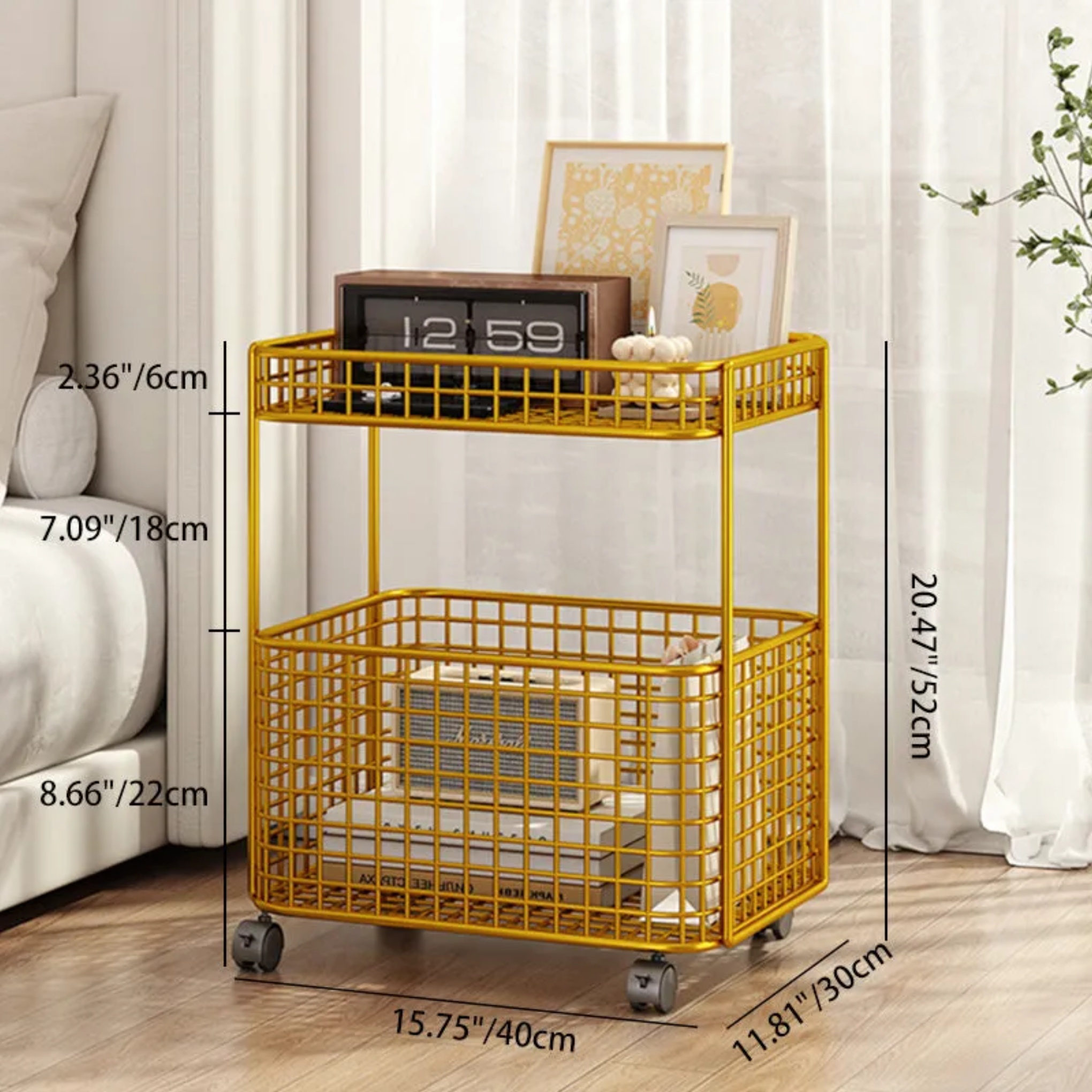 Lighom minimalist storage frame black end & side tables in iron — With Wheels / White