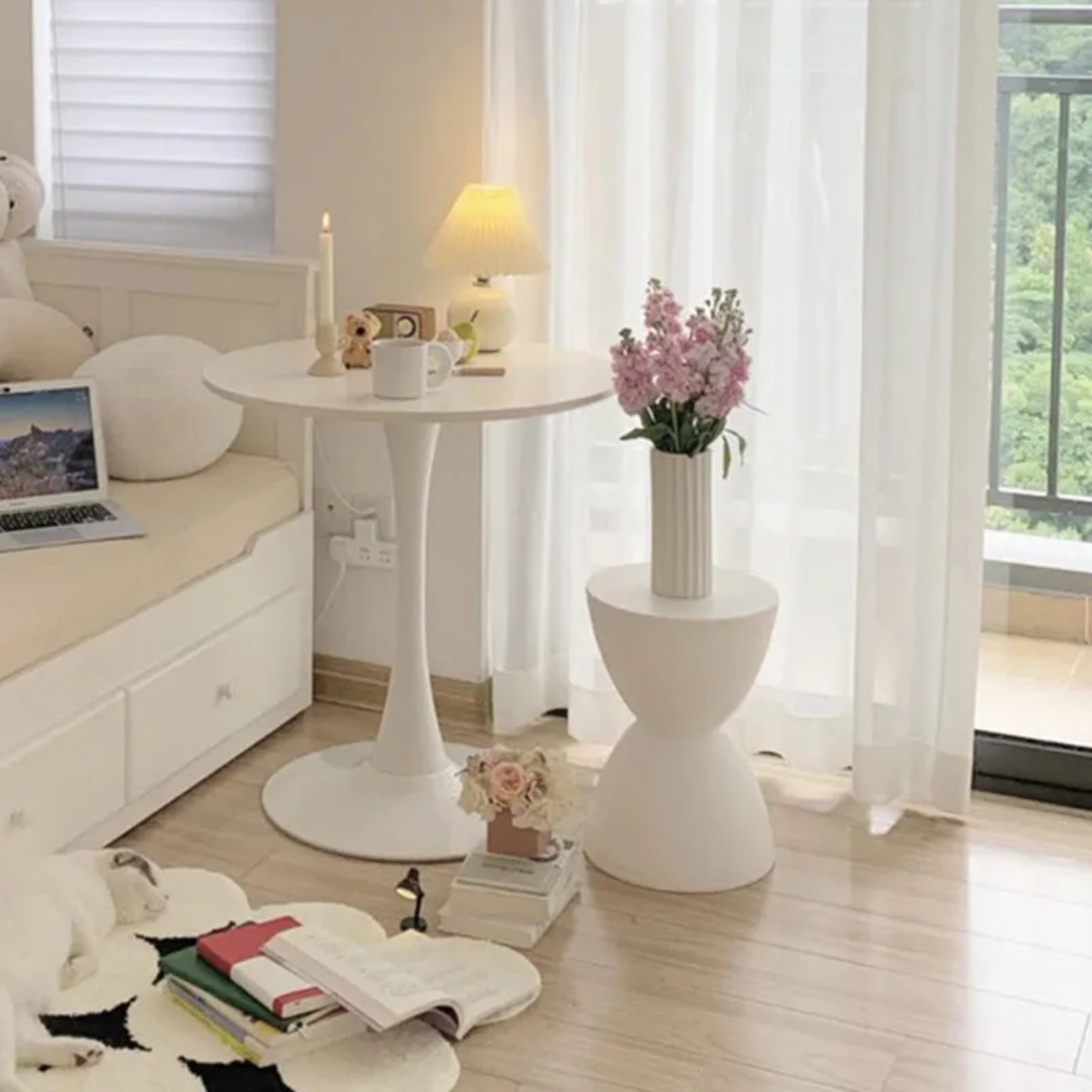 Minimalist hourglass white end & side tables