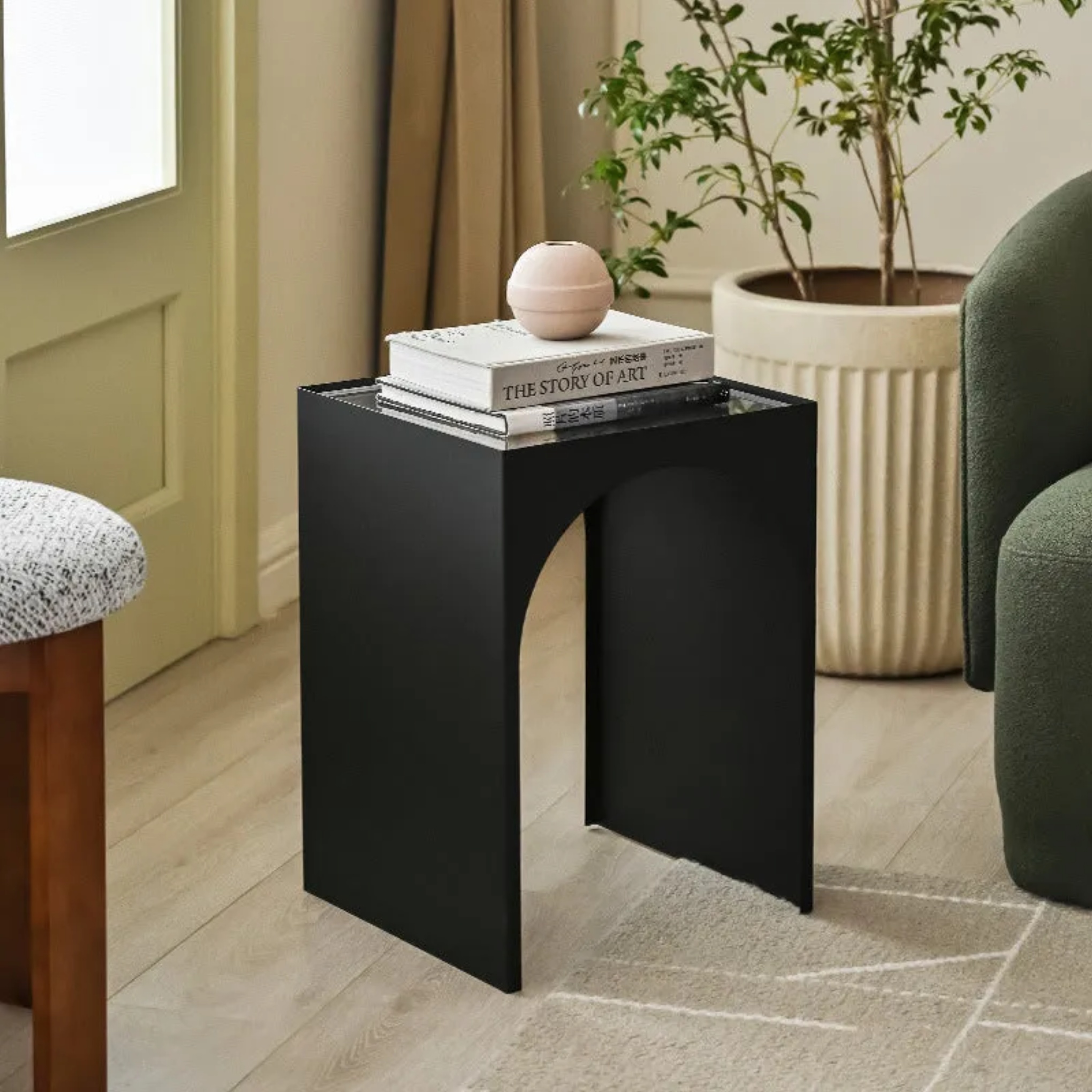 Minimalist arch end & side tables in acrylic iron glass