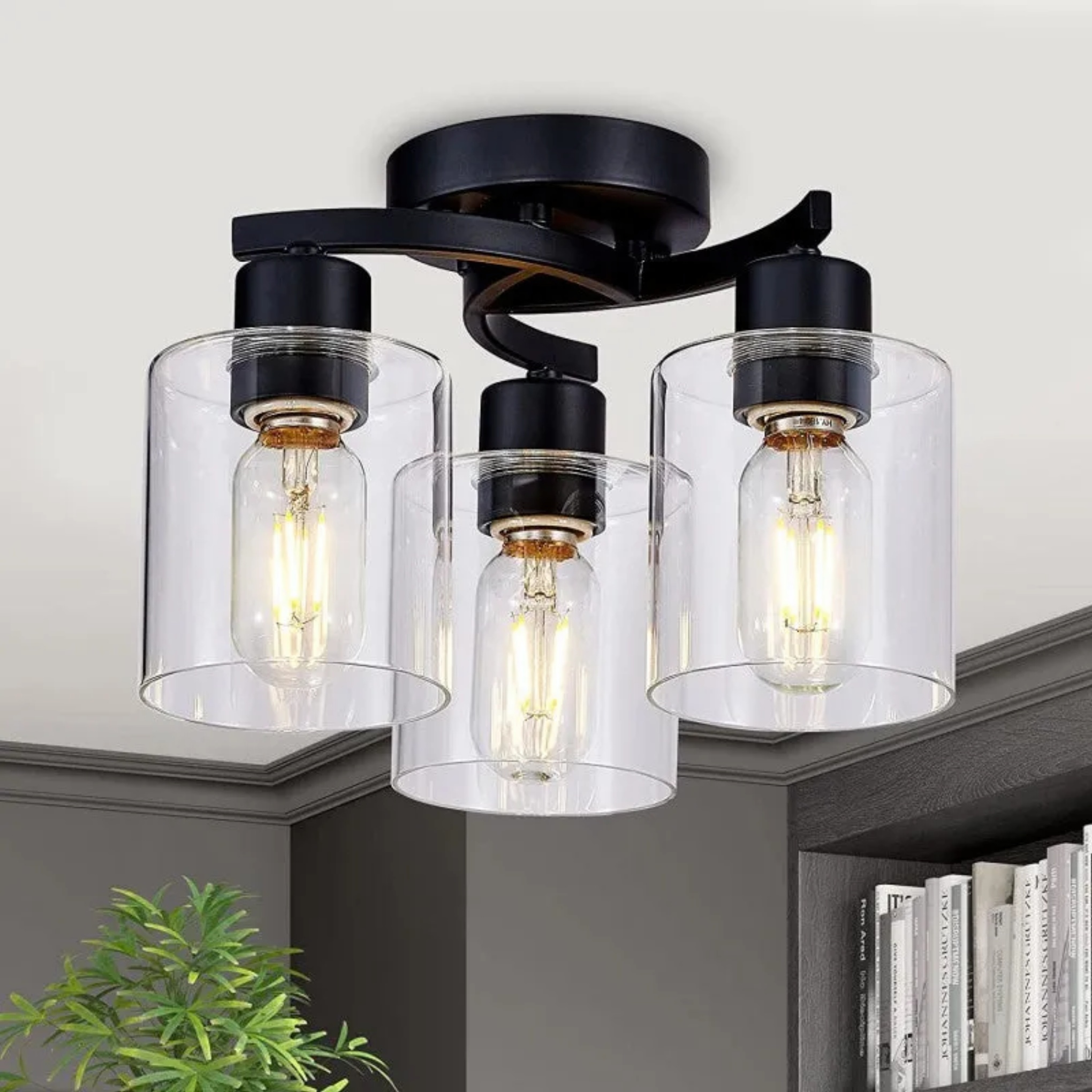 Minimalist cup 3-light black semi-flush mount light — 110V-120V (US/CA