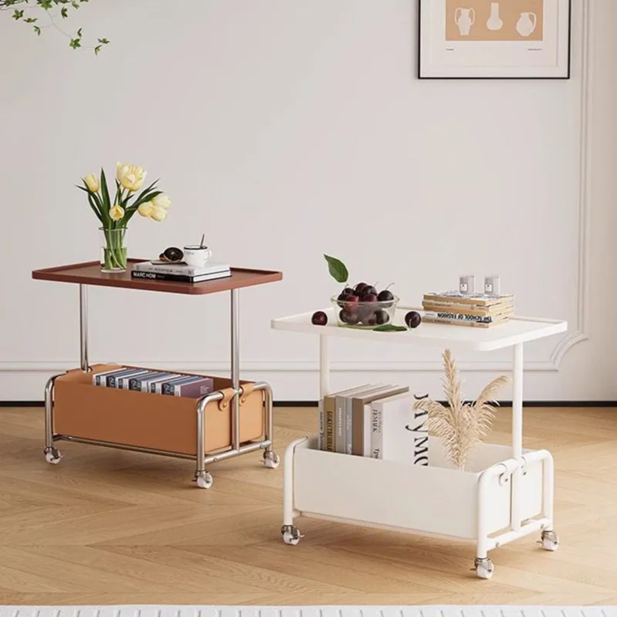 White leather end rectangular end & side tables - minimalist