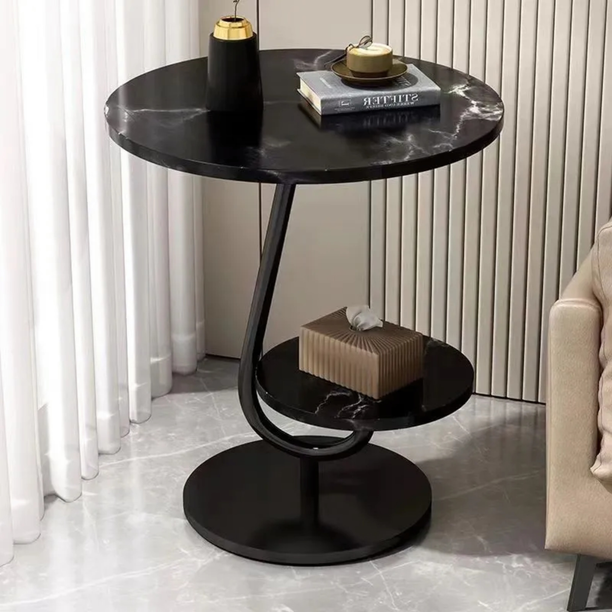 Lighom minimalist 2-tier round walnut coffee tables — 23.5" H x 17.5" Dia x 17.72" L / White / Gold
