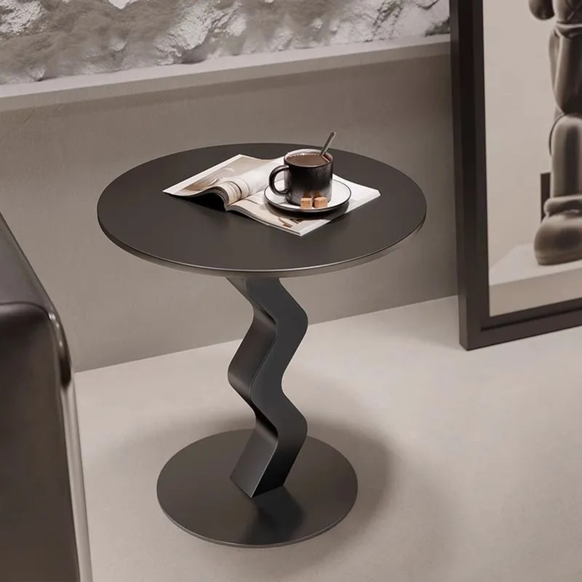 Minimalist base wave black end & side tables in iron stone glass