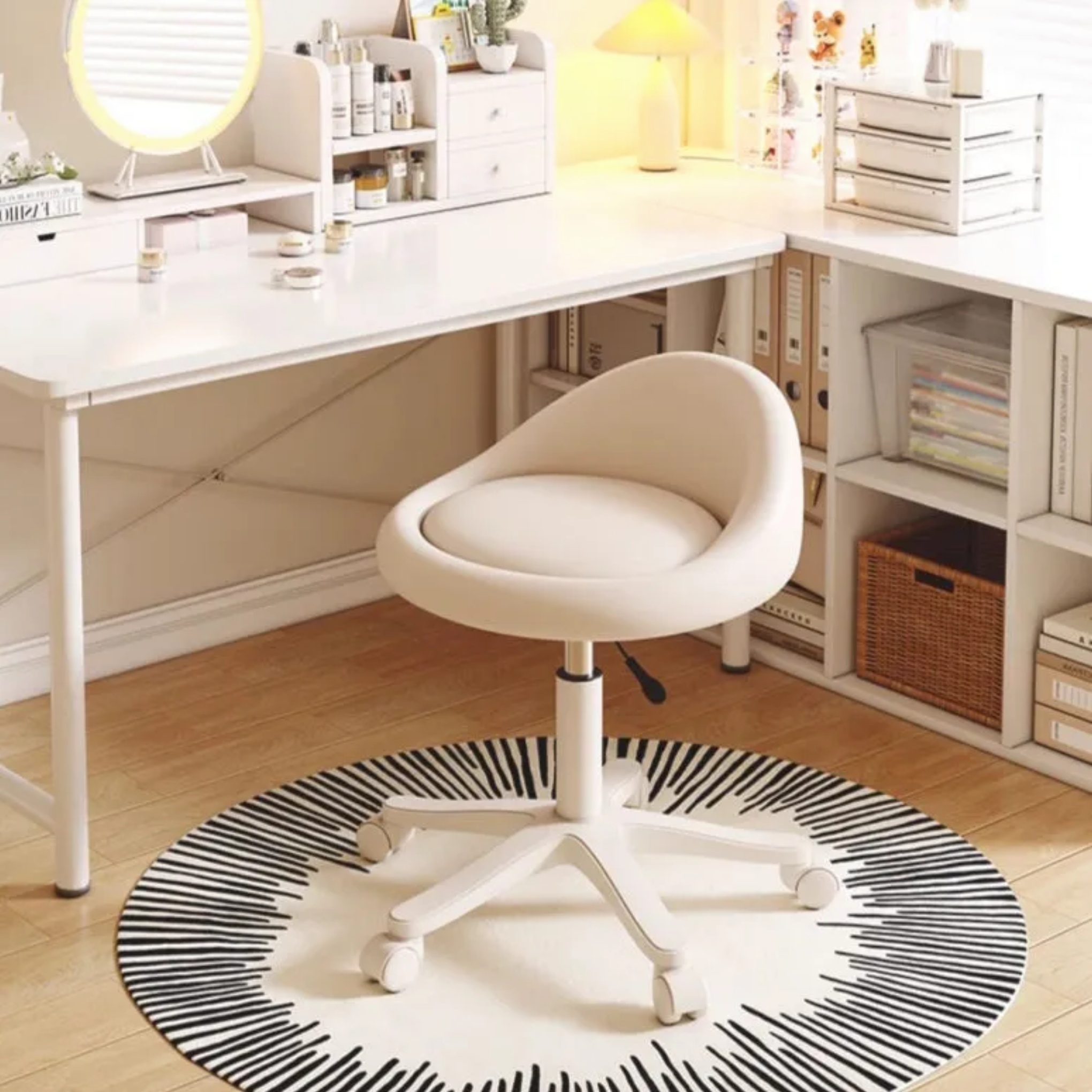 Minimalist liftable round beige leather metal vanity stools