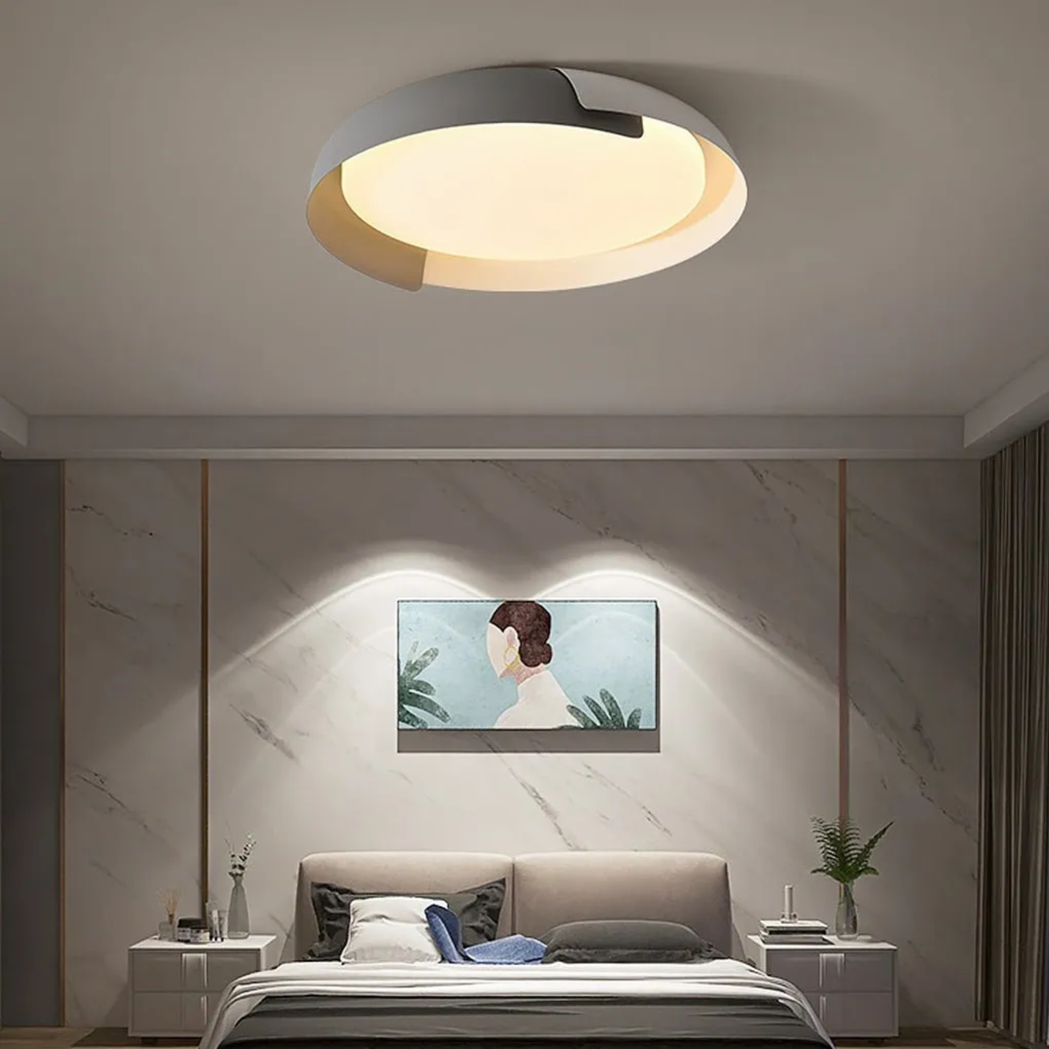 Modern round flush mount lighting in metal — Cool White (6000K) / Black & White