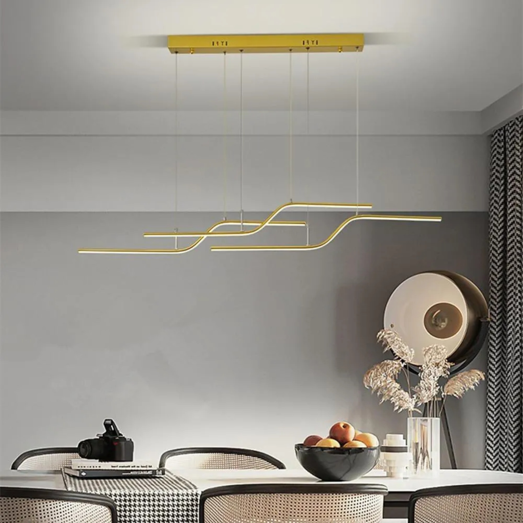Modern linear curved synthetic pendant lighting — Dimmable with Remote / Brushed Gold