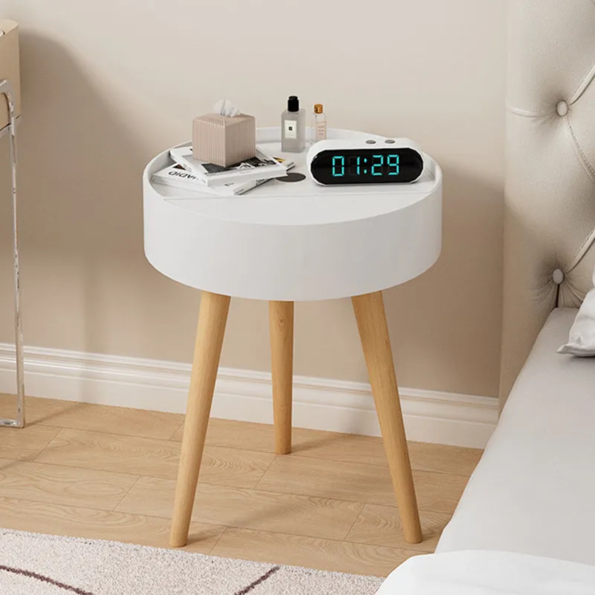 Minimalist wireless charging gray nightstands in ceramic — Without Mobile Phone Wireless Charging / White
