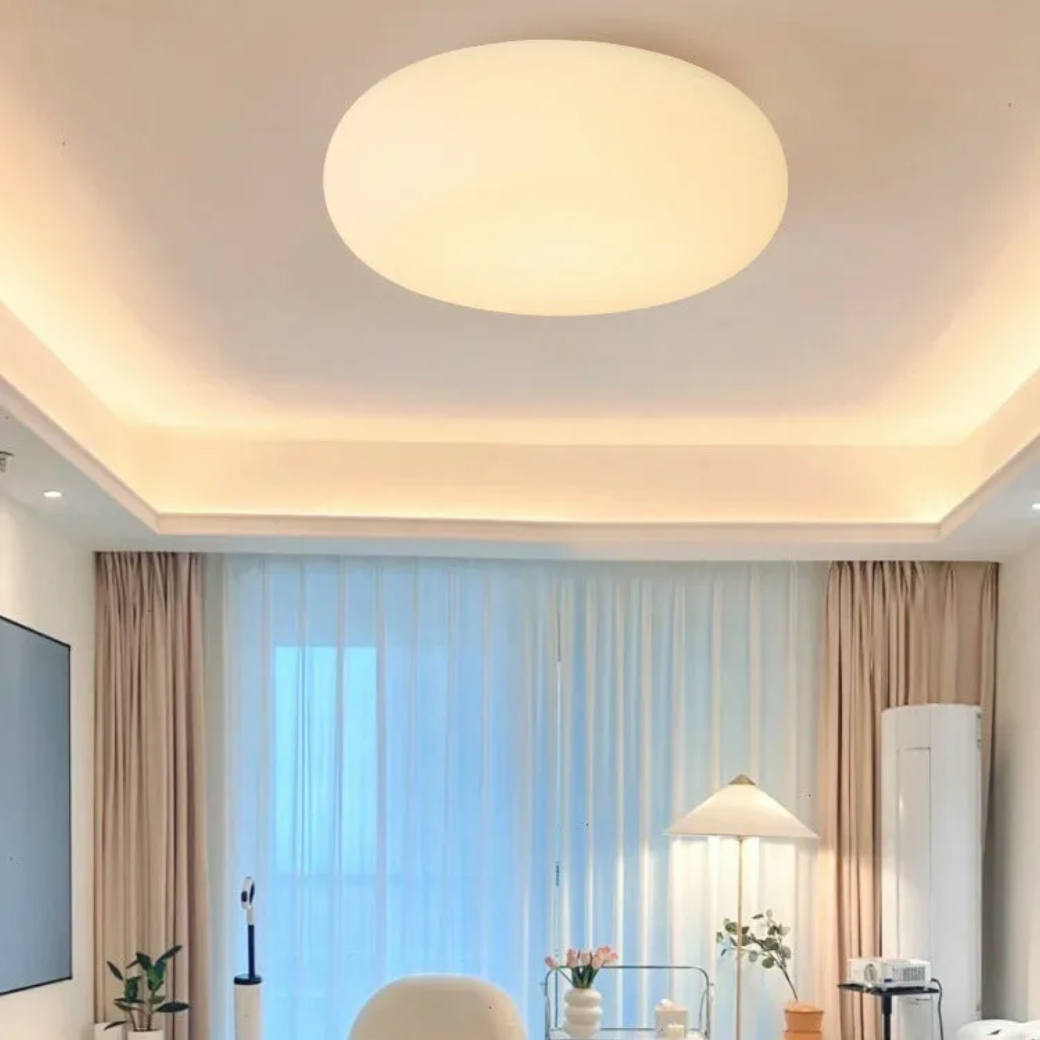 Minimalist oval white flush mount lighting in iron — Small (12"H / Warm White (3000K) / 110V-120V (US/CA)