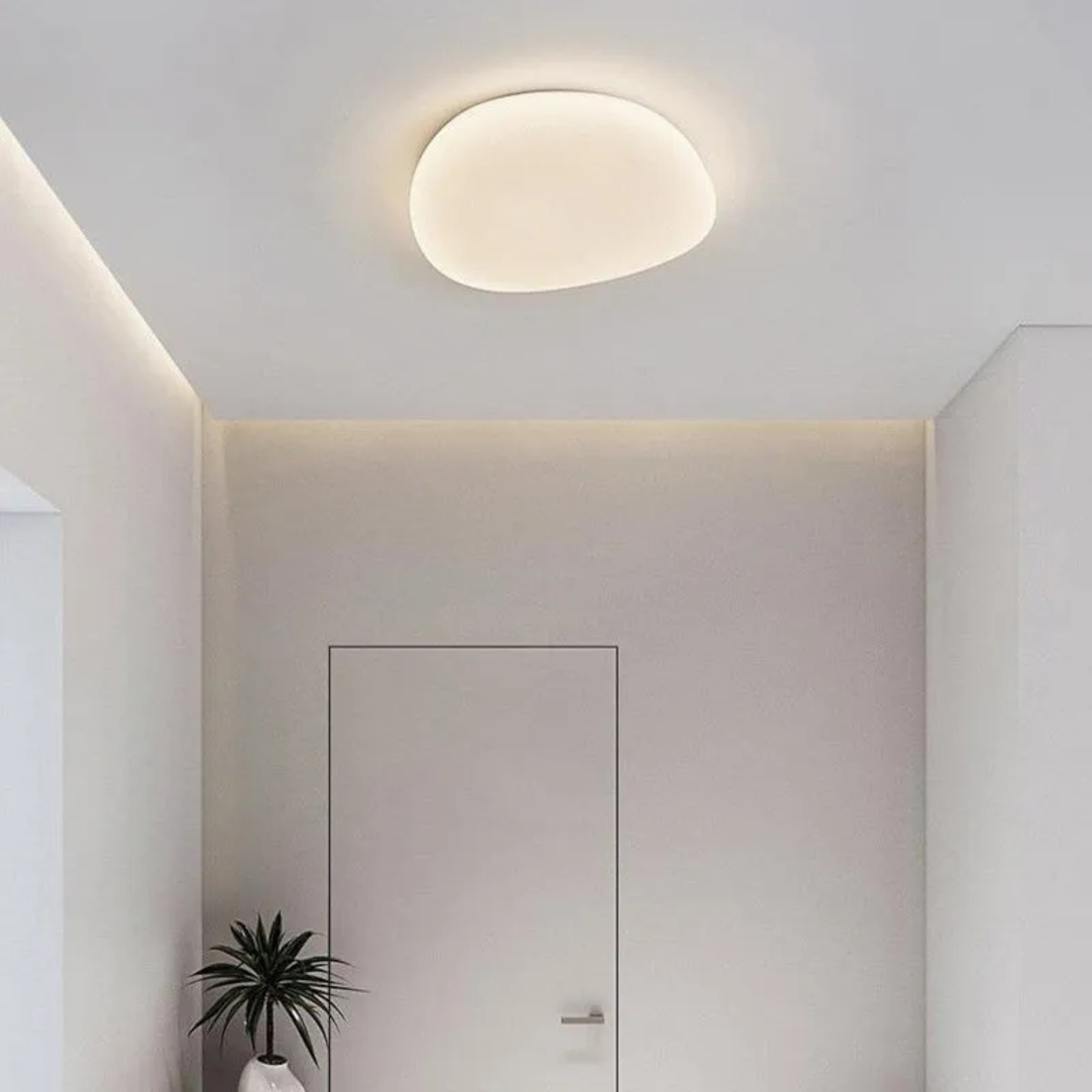 White minimalist pebble flush mount lighting — 2.36" H x 14.96" Dia / Warm White (3000K) / 110V-120V (US/CA