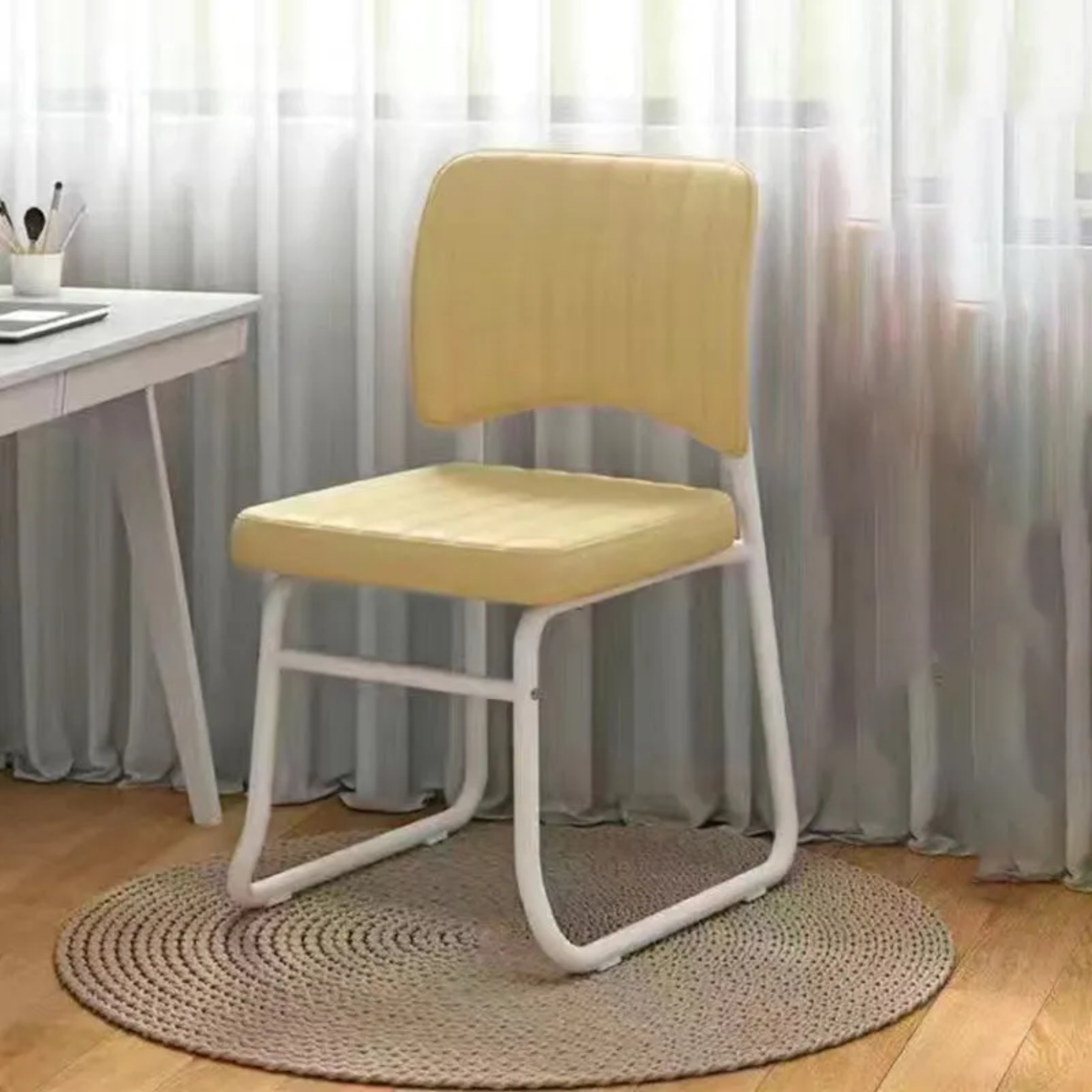 Khaki minimalist desk stackable office chairs — White