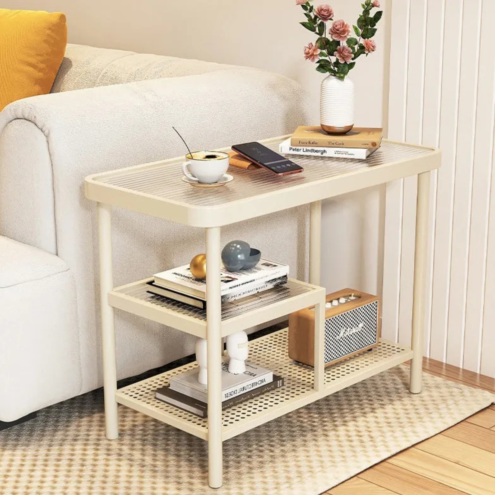 Minimalist 3-tier rectangular beige end & side tables — 23.62" L x 13.78" W x 22.83" H