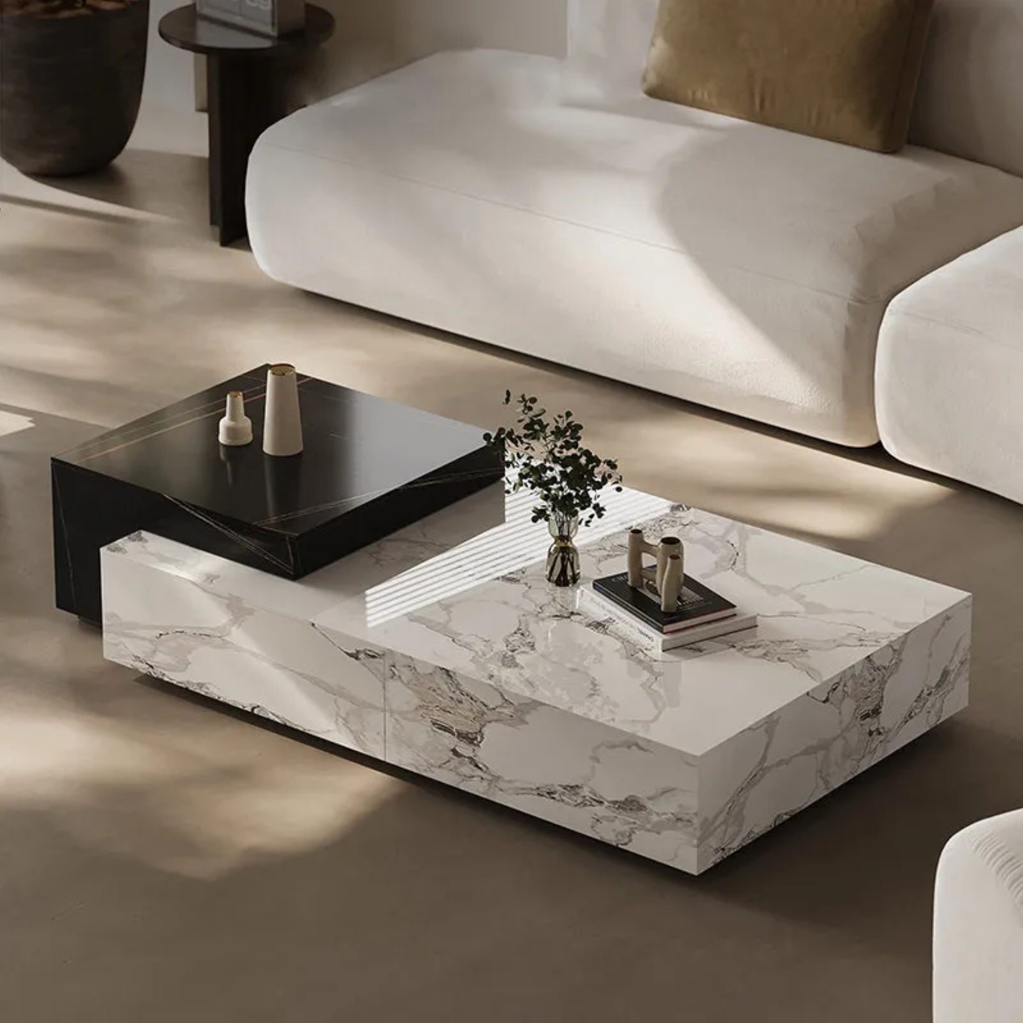 Minimalist rectangular plate coffee tables in wood — No Drawers / Variant A